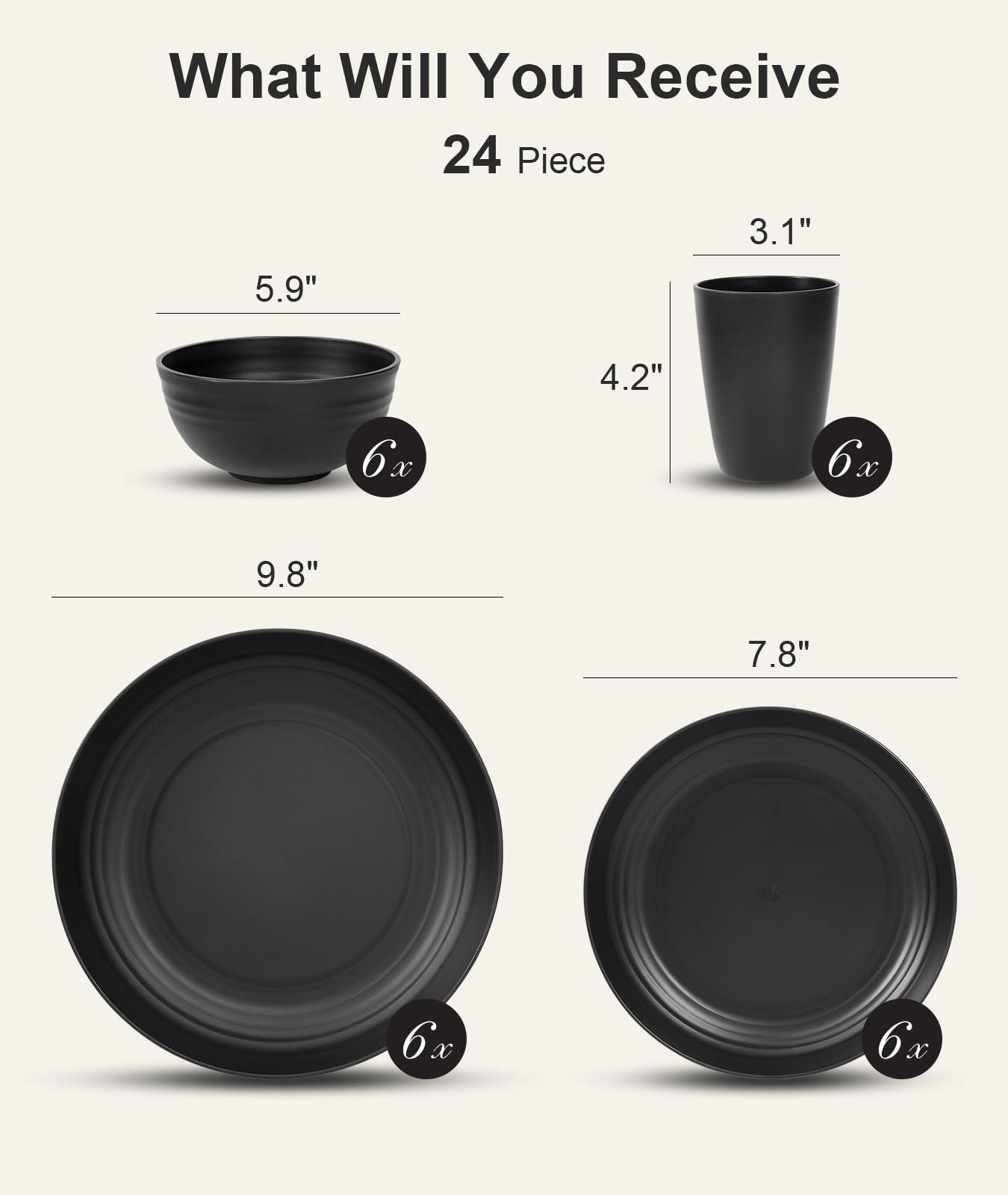 Quatish 24 Piece Plates and Bowls Sets of 6, Unbreakable Wheat Straw Dinnerware Sets, Plastic Dish Set for Camping, Dishwasher Microwave Safe, Outdoor Kitchen and Apartment Dinning Essentials, Black - Image 3