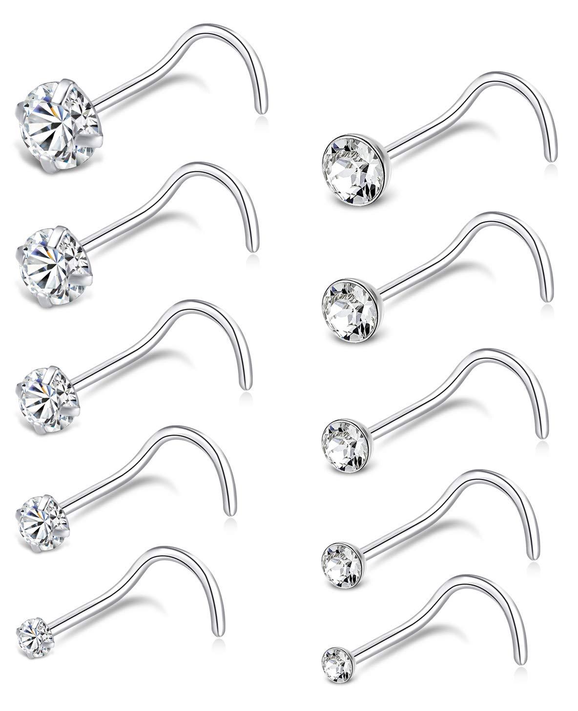 Tornito 20G 10Pcs Stainless Steel L Screw Bone Shaped Nose Studs Rings Square Round CZ Nose Ring Labret Nose Piercing Jewelry for Men Women Silver Tone 1.5mm-2mm-2.5mm-3mm-3.5mm CZ