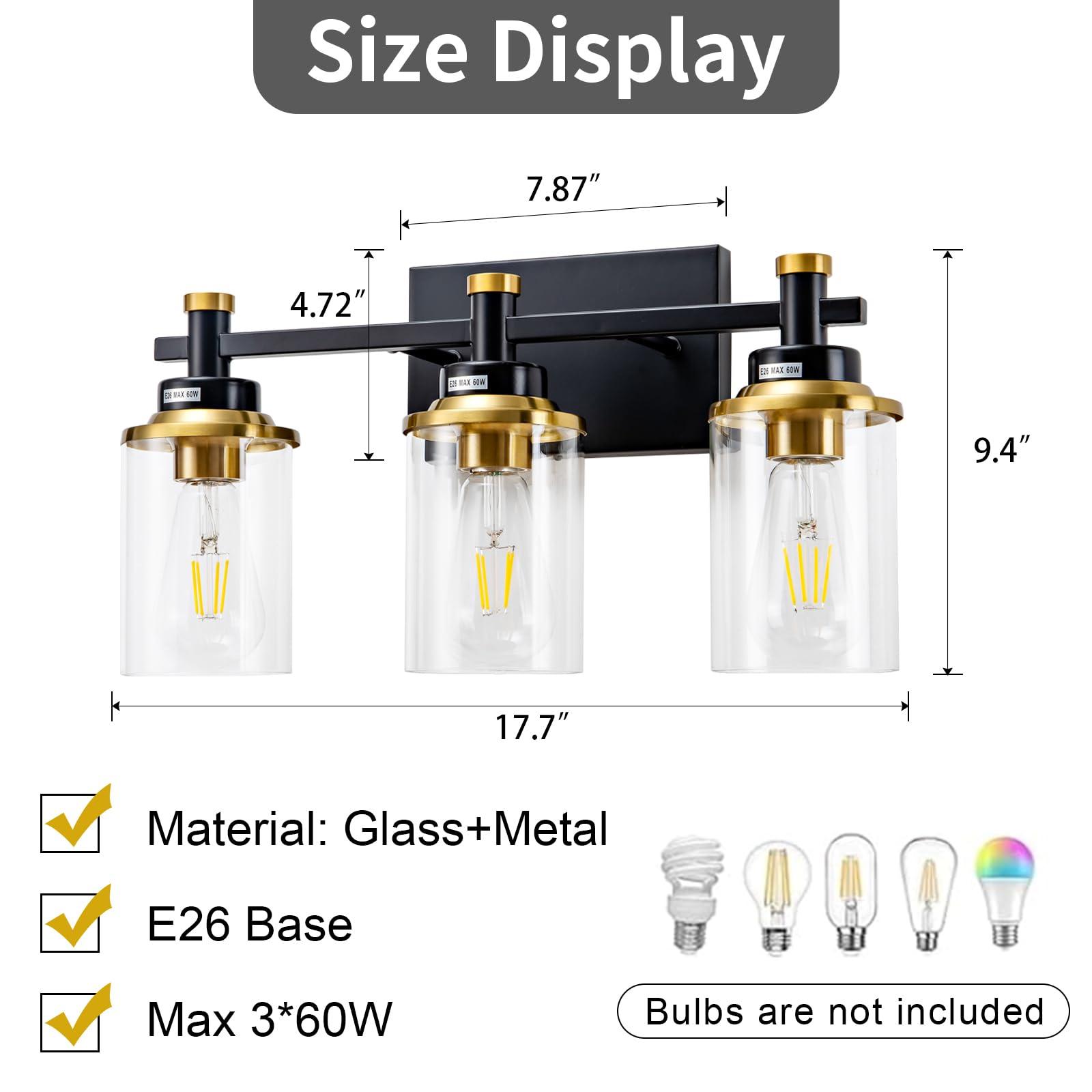 Aixialin 3 Light Bathroom Light Fixtures, Black and Brushed Gold Vanity Light Fixture Over Mirror, Modern Wall Sconces Lighting Wall Lamp for Bathroom, Bedroom, Hallway with Clear Glass Shade - Image 4