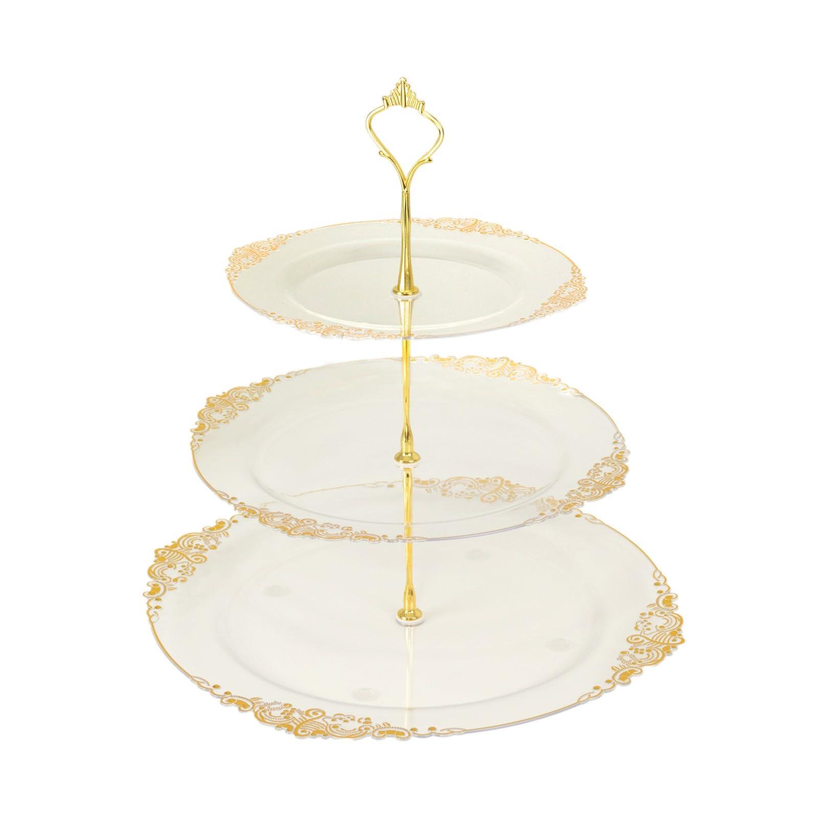 Efavormart 3-Tier Clear Plastic Cupcake Stand Holder with Gold Embossed Baroque Rim, Round Cake Dessert Display Stand Tiered Serving Tray with Top Handle - 13" - Image 5