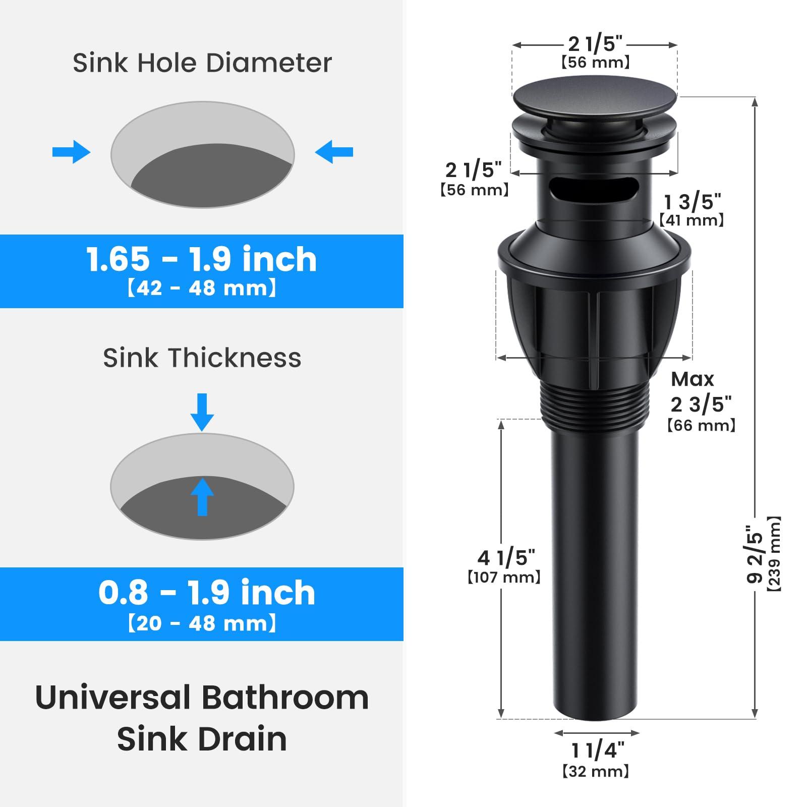 Bathroom Sink Drain with Overflow, Hurran Matte Black Universal Bathroom Sink Stopper for Bathroom Vanity Vessel Sink, Rapid Draining Plastic Pop-up Sink Drain with Hair Catcher Anti-Clog Strainer - Image 2