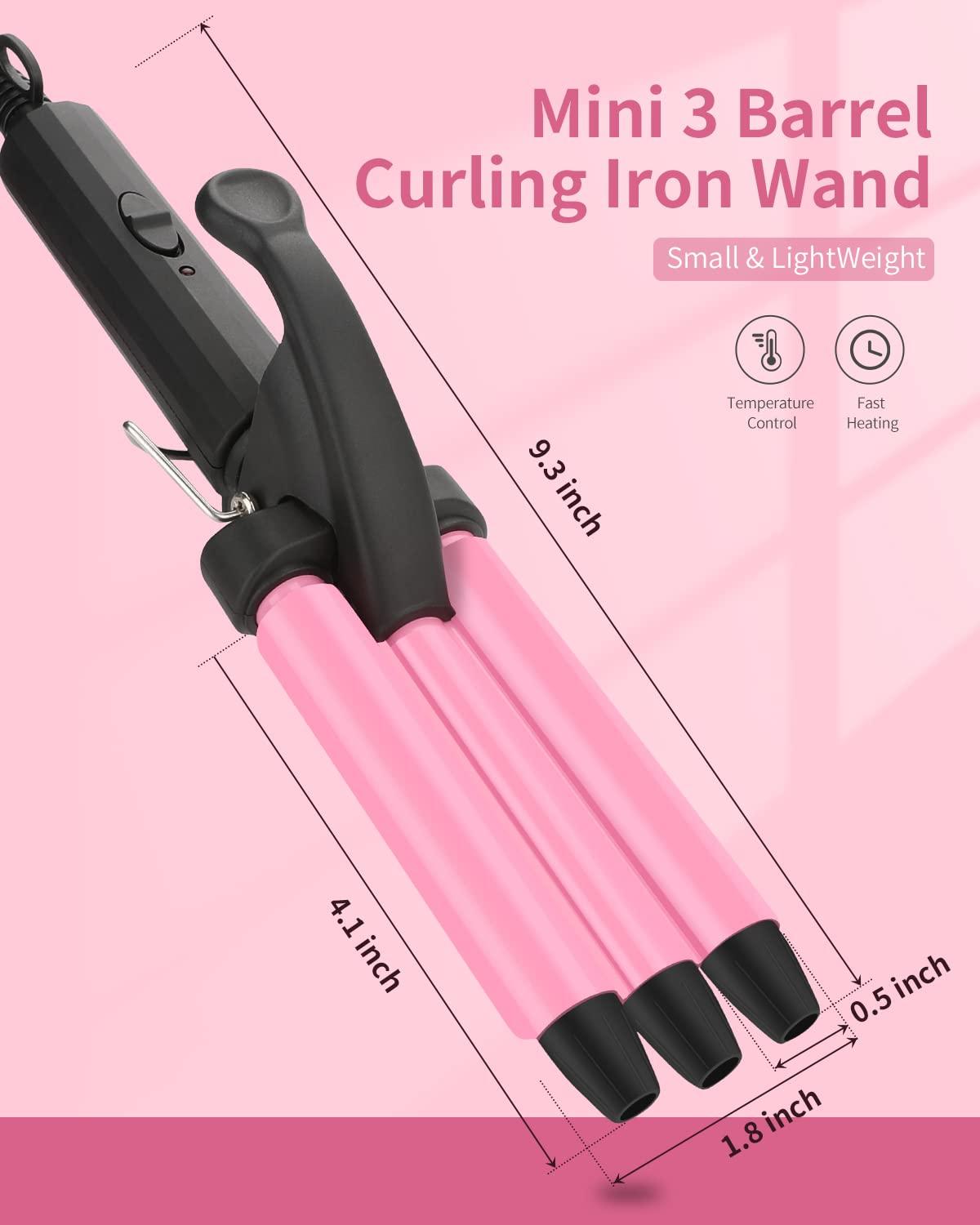 Mini 3 Barrel Curling Iron, Dual Voltage Triple Barrel Hair Waver for Home and Travel, Ceramic Tourmaline 1/2 Inch, Pink - Image 5