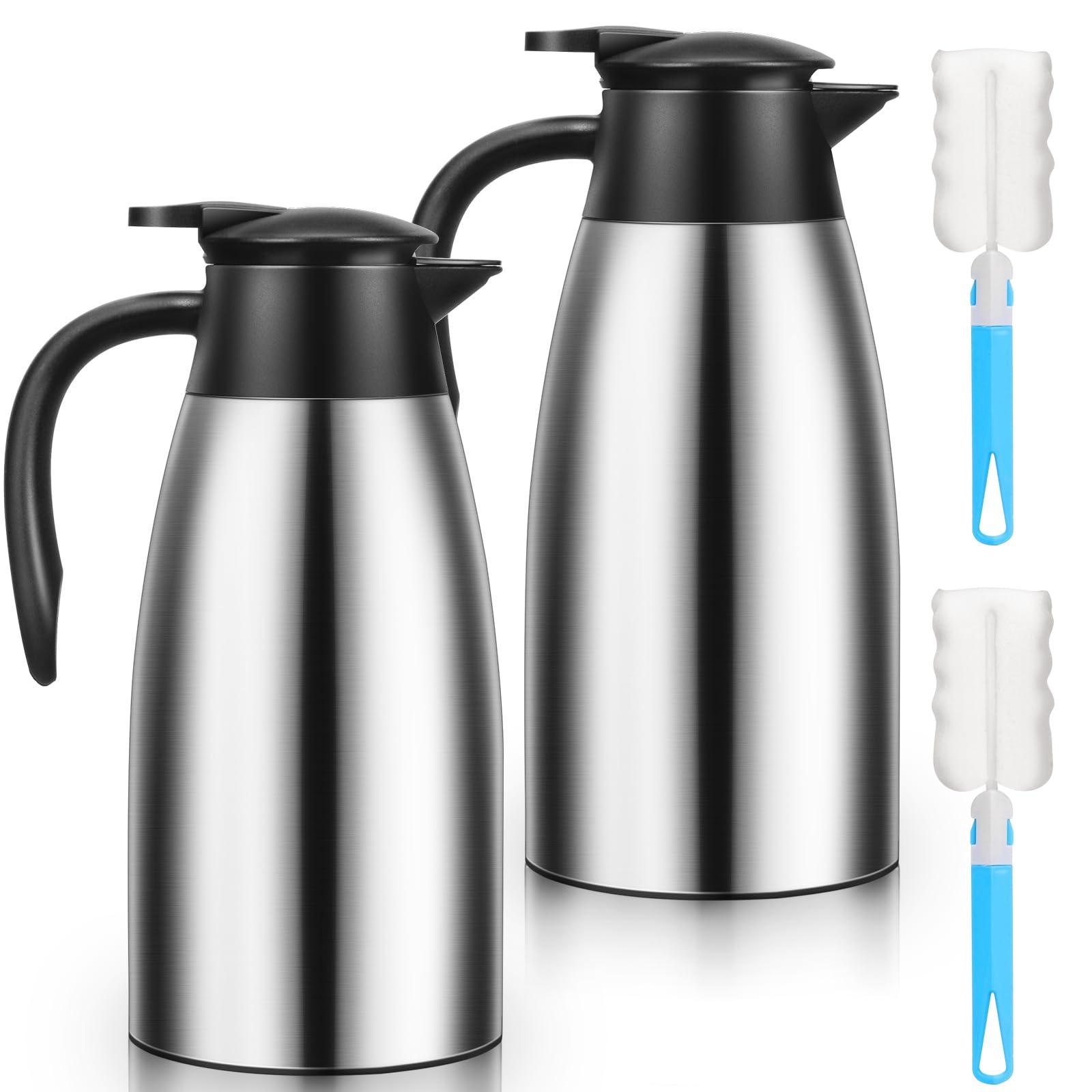 68 OZ Thermal Carafe, Insulated Stainless Steel Carafe Double Walled Vacuum Thermal Pot Flask with Brushes for Keeping Hot Coffee Tea Home and Office (2 PCS, Silver)