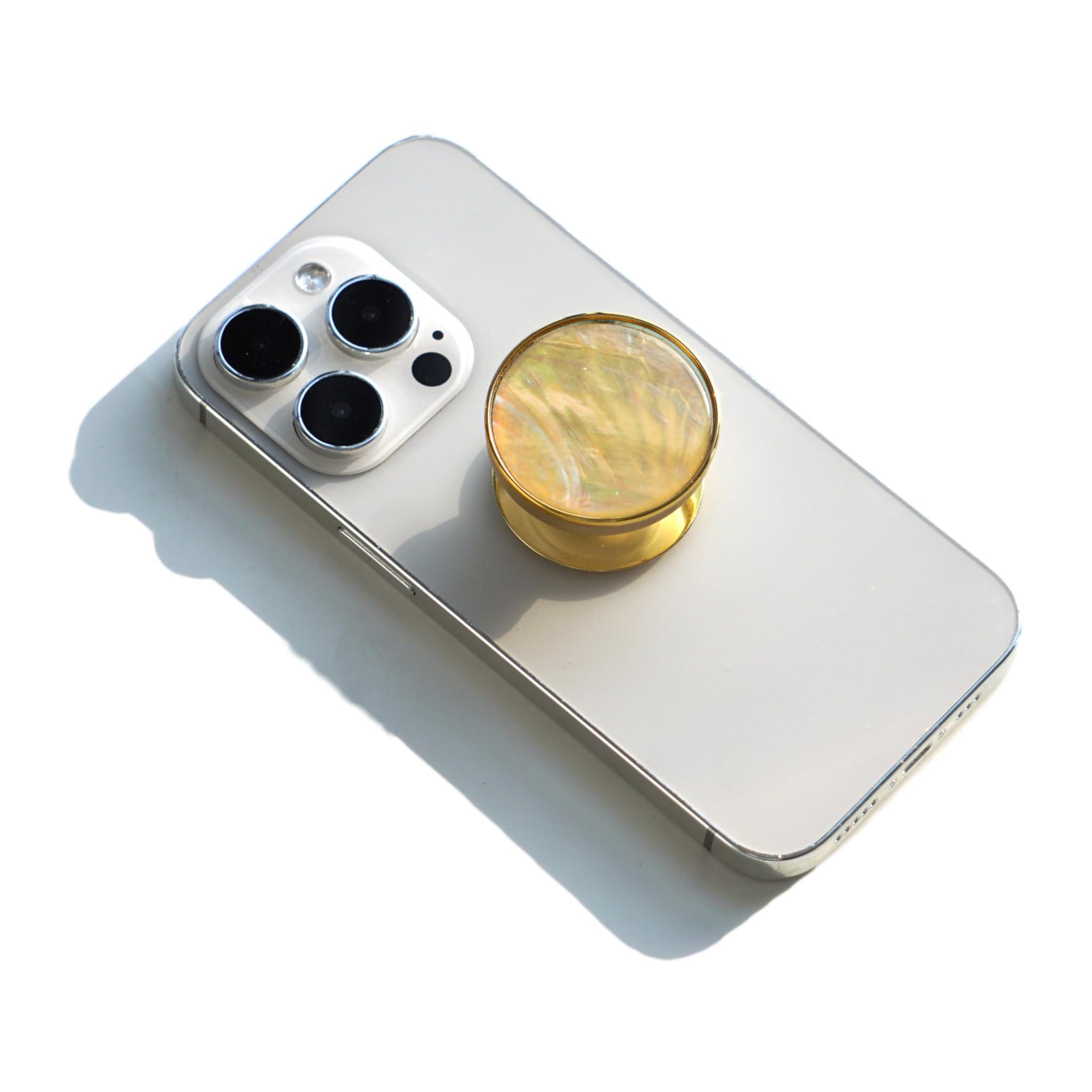 Cute Natural Abalone Shell Round Design Foldable Phone Handle, Phone Accessory for Smartphones or Tablets (Adhesive, White Abalone Shell)