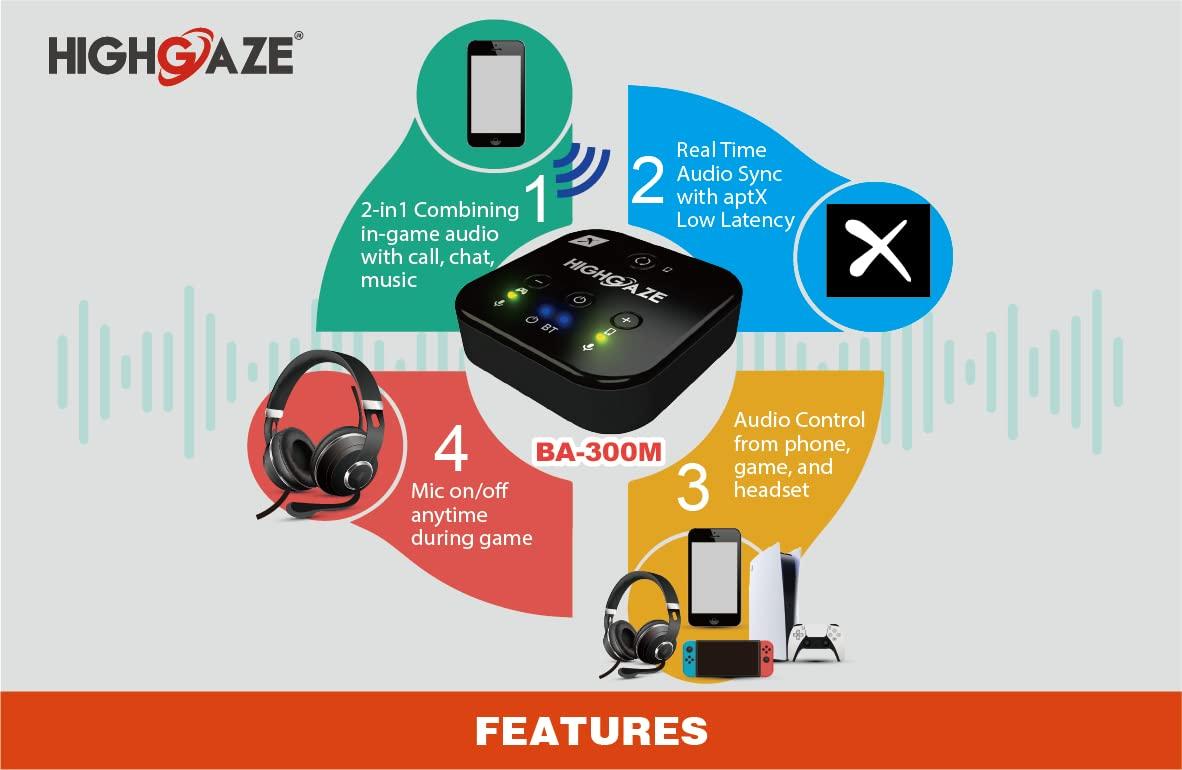 HIGHGAZE Bluetooth Chat & Play Audio Mixer Accessory for Switch Game Streaming with Smartphone & PS4 PS5 or Xbox, Discord, Voice call to Headset with aptX Audio, Adjust Game Volume Balance - Image 3