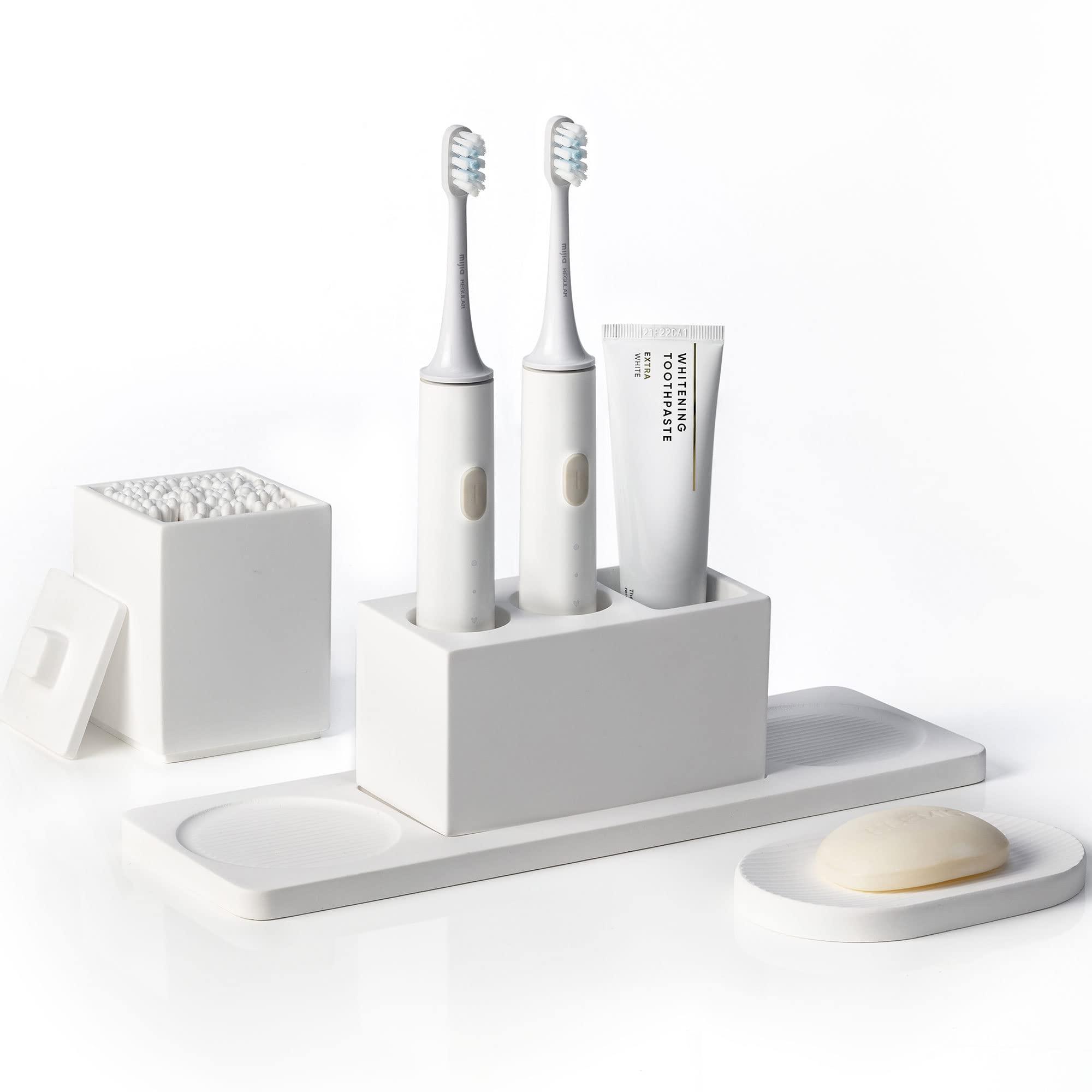 AUSAULAC Ceramic Toothbrush Holders for Bathrooms, White Bathroom Accessories Diatomite, Electric Toothbrush Holder Countertop with Toothbrush Holders, Soap Dish Set