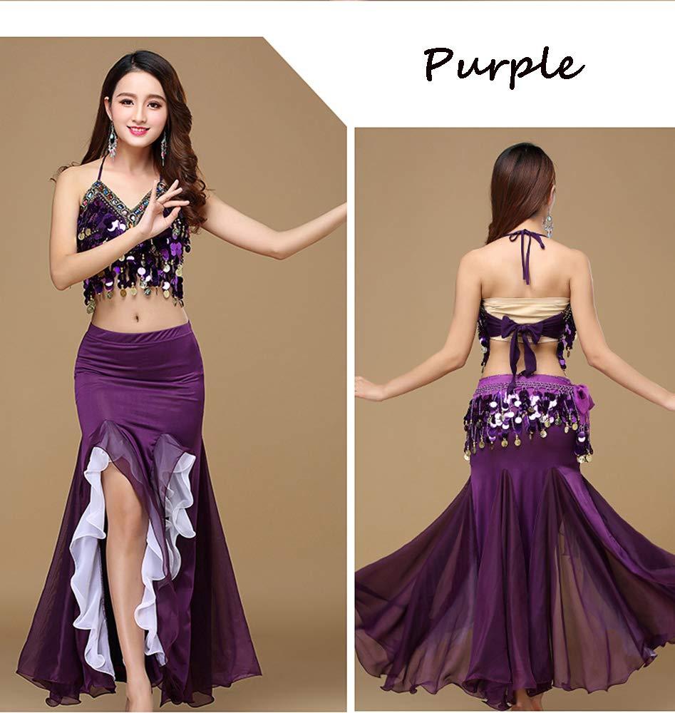 ORIDOOR Women's Belly Dance Dress Belly Crop Top Bra Top and Belt Chiffon Dancing Split Skirt Costume 3-Piece Outfit - Image 4