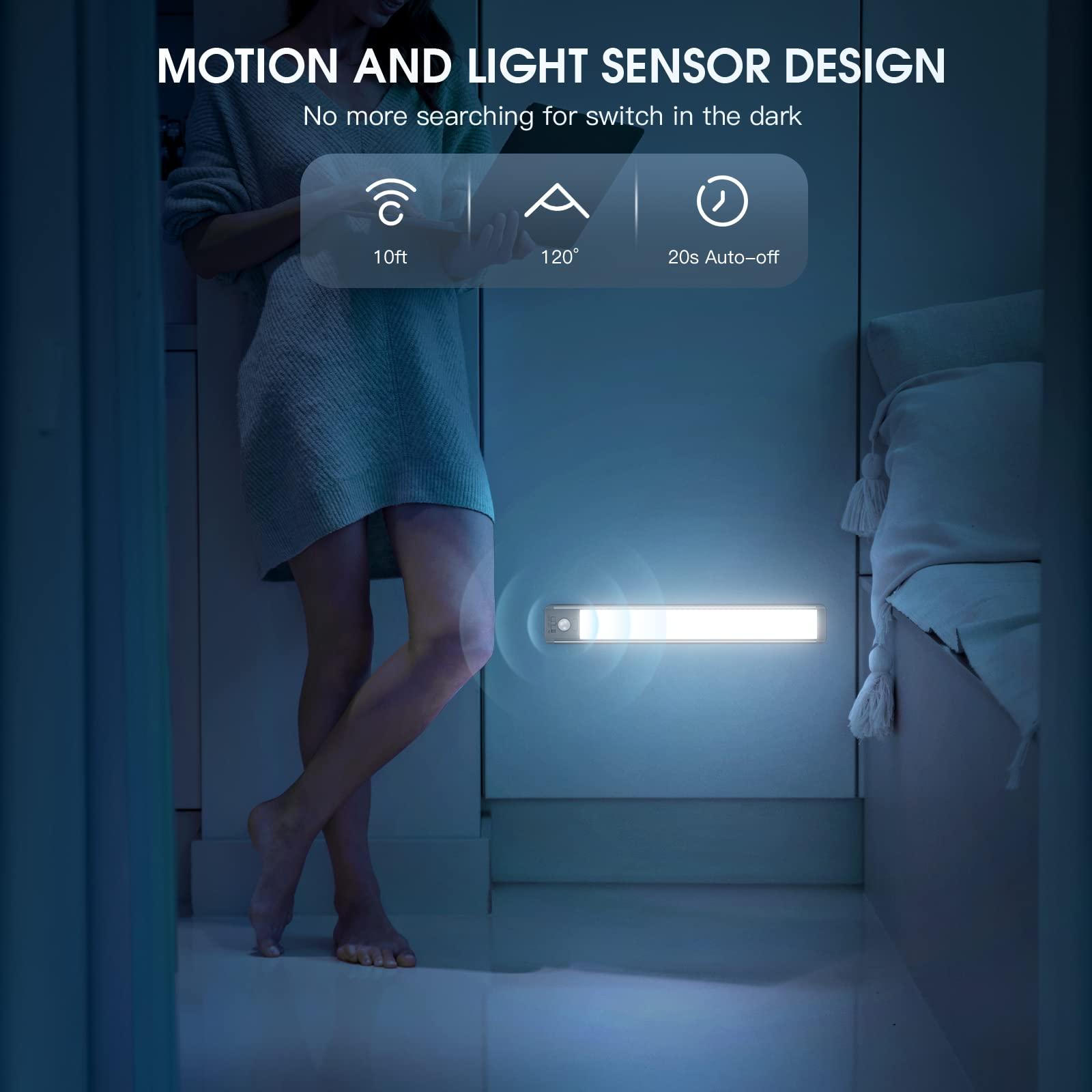 MCGOR 10inch Under Cabinet Lighting, 2 Pack Rechargeable Motion Sensor Light Indoor, 5 Levels Dimmable Magnetic Closet Lights, Wireless Under Counter Lights for Kitchen, Stairs - Image 4