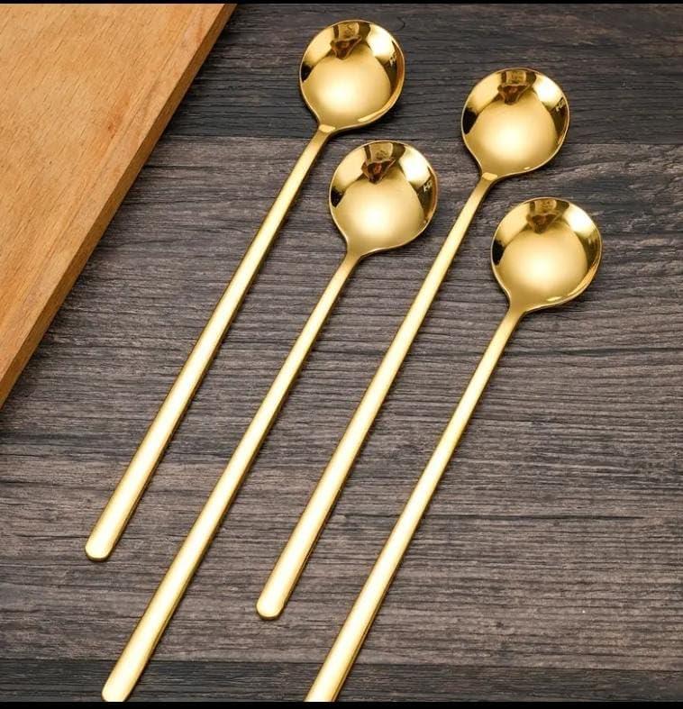 "Elegant Set of 4 Stainless Steel Espresso Spoons with Long Handles – Perfect for Coffee, Tea, and Iced Beverages – Versatile Tableware Collection"
