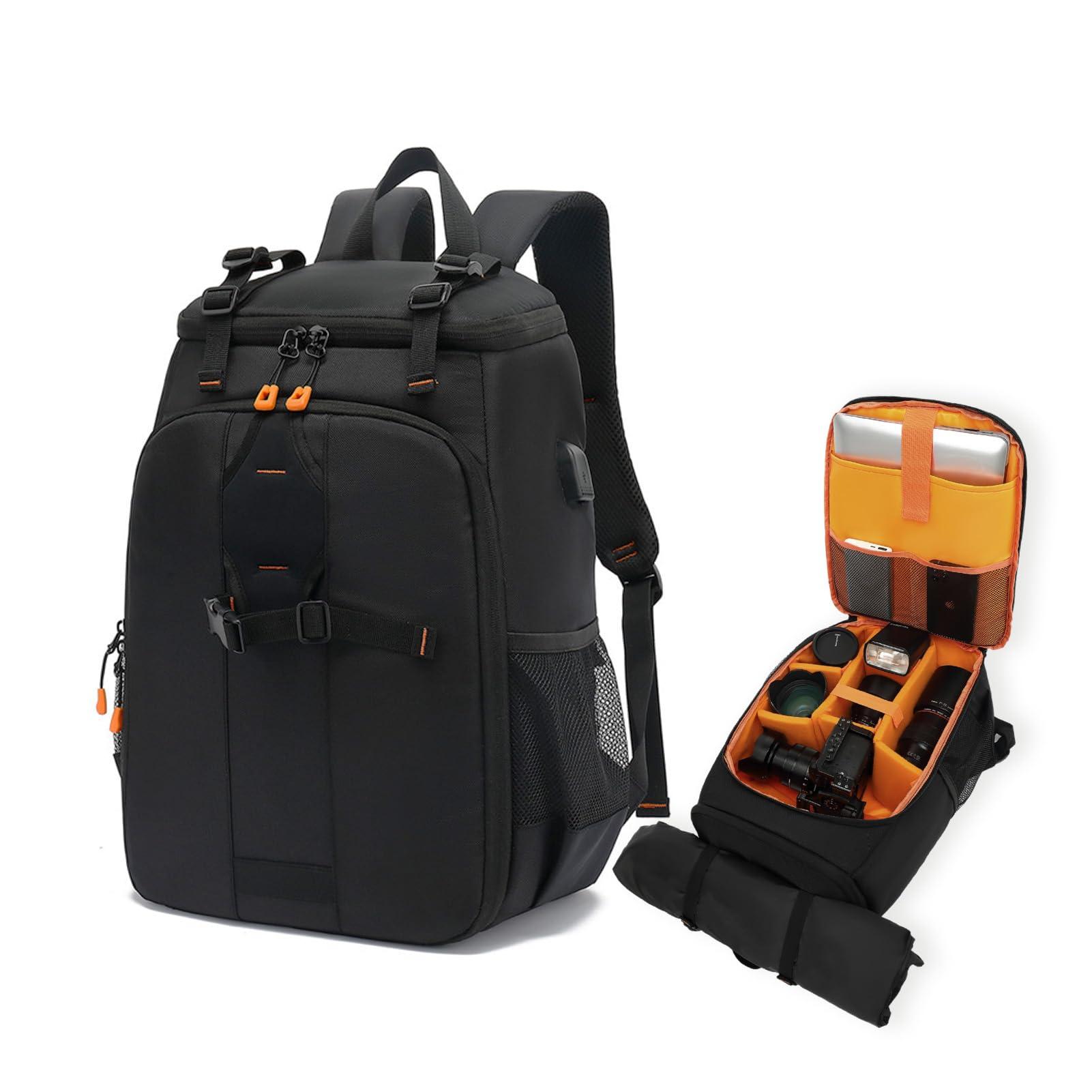 Camera Backpack with USB Charging Port, 800g Light Backpack for DSLR, Water Large Capacity for Tripod Holder, 15.6 Inch Laptop Compartment, Photographers and Travelers