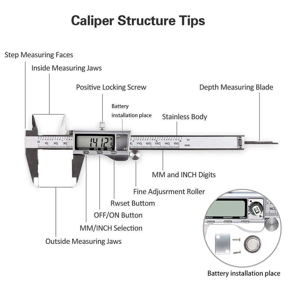 Digital Caliper, Caliper Measuring Tool with Stainless Steel, Electronic Micrometer Caliper with Large LCD Screen, Auto-Off Feature, Inch and Millimeter Conversion (6 Inch/150 mm) - Image 5