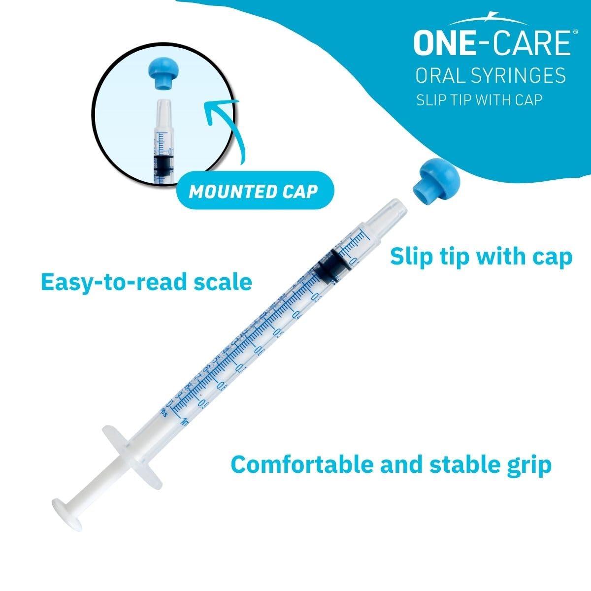 ONE-CARE 1ml Oral Syringe with Cap - Sterile, Individually Wrapped - 100 Dispensers, Slip Tip, Uses include oral administration of medicine for infants, adults and animals - Image 2