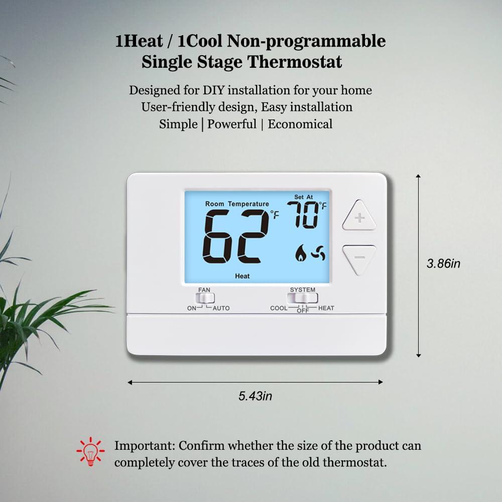 NonProgrammable Thermostat for Home, Digital Energy-Saving Thermostat,Single-Stage Systems, 1 Heat/1 Cool, Easy DIY Install,White Backlight - Image 2