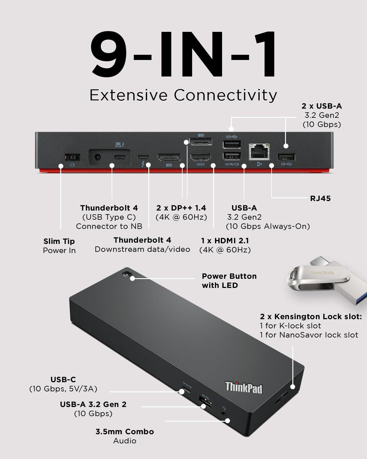 Lenovo ThinkPad Universal Thunderbolt 4 Dock, 4 Displays, Dynamic Power Charging up to 100W, Black - Image 3