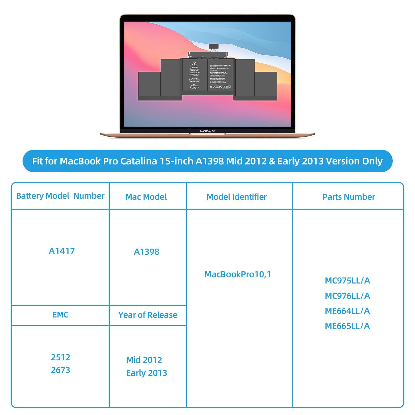 JGTM A1398 Battery Replacement, A1417 Battery for MacBook Pro 15 inch Early 2013 Mid 2012 Released Version A1398 EMC 2673 2512 Model Identifier: MacBookPro10,1 - Image 3