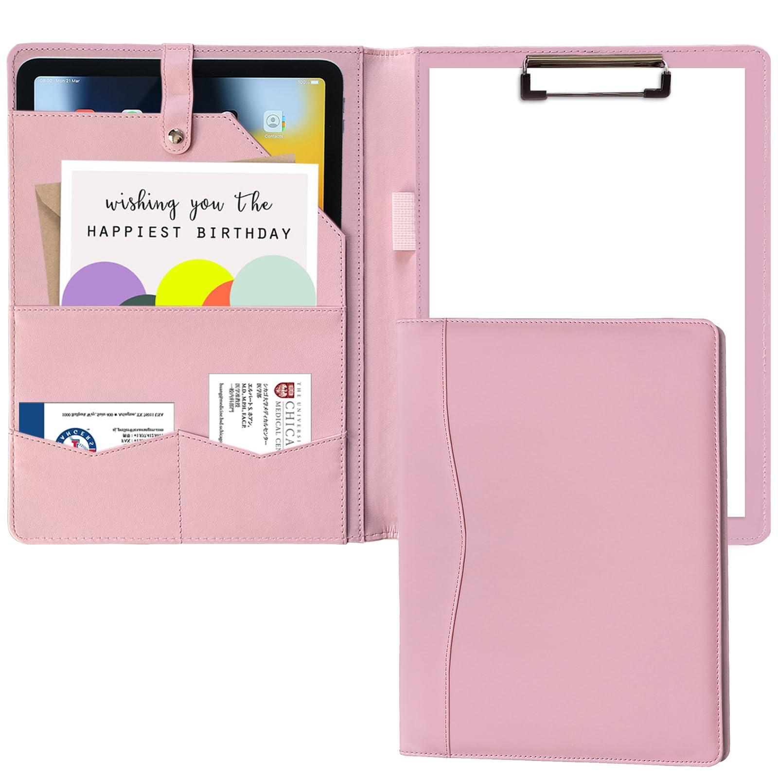 Portfolio Folder Padfolio with A4 Clipboard, PU Leather Portfolio Clipboard Business Binder Writing Clip Board Organizer for Legal Documents Business Card Men Women Pink