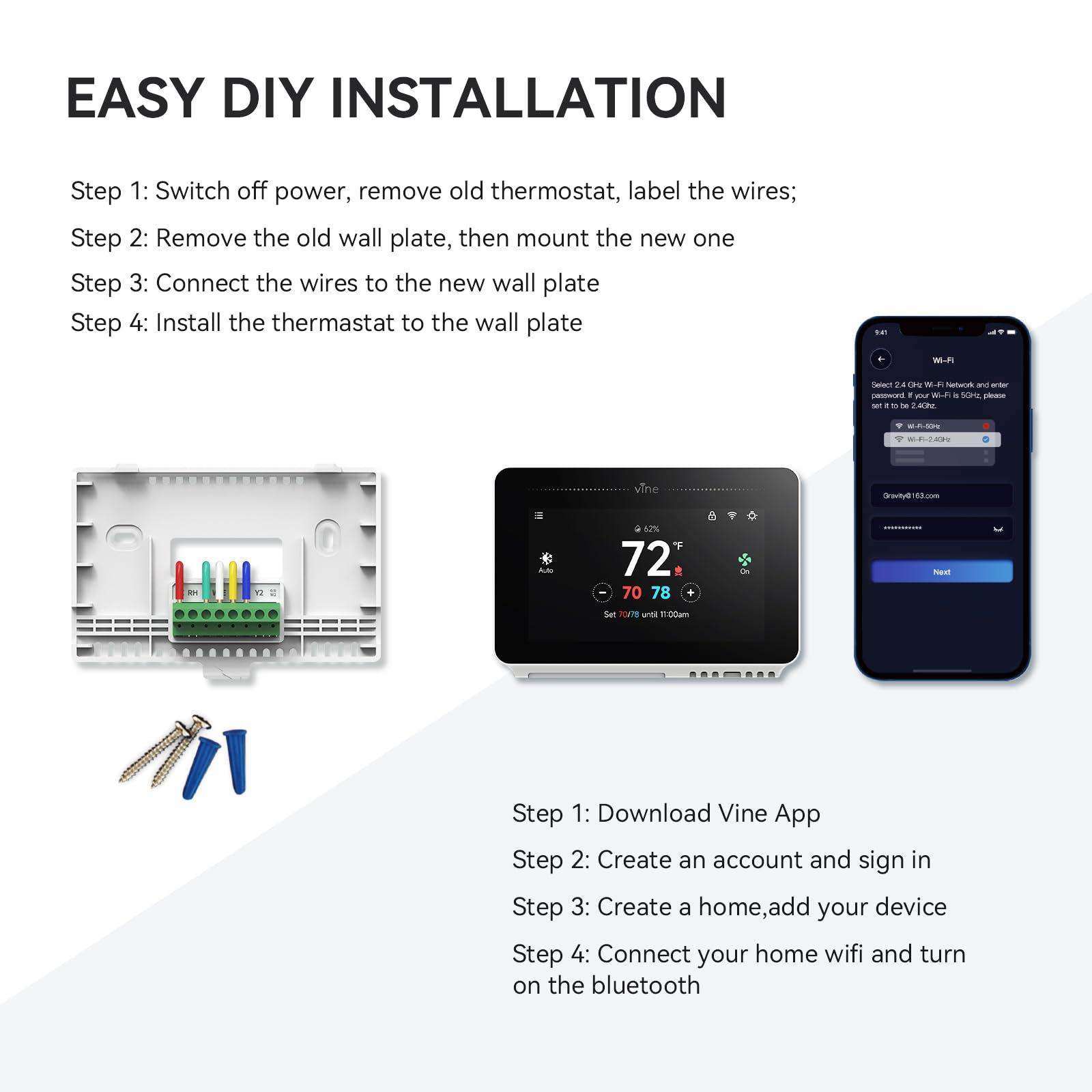 vine Programmable Thermostat for House with 4.3" Touch Screen, WiFi Smart Home Thermostat for AC and Heating, App/Voice Control, Compatible with Alexa and Google Assistant, C-Wire Required, TJ-919T - Image 8