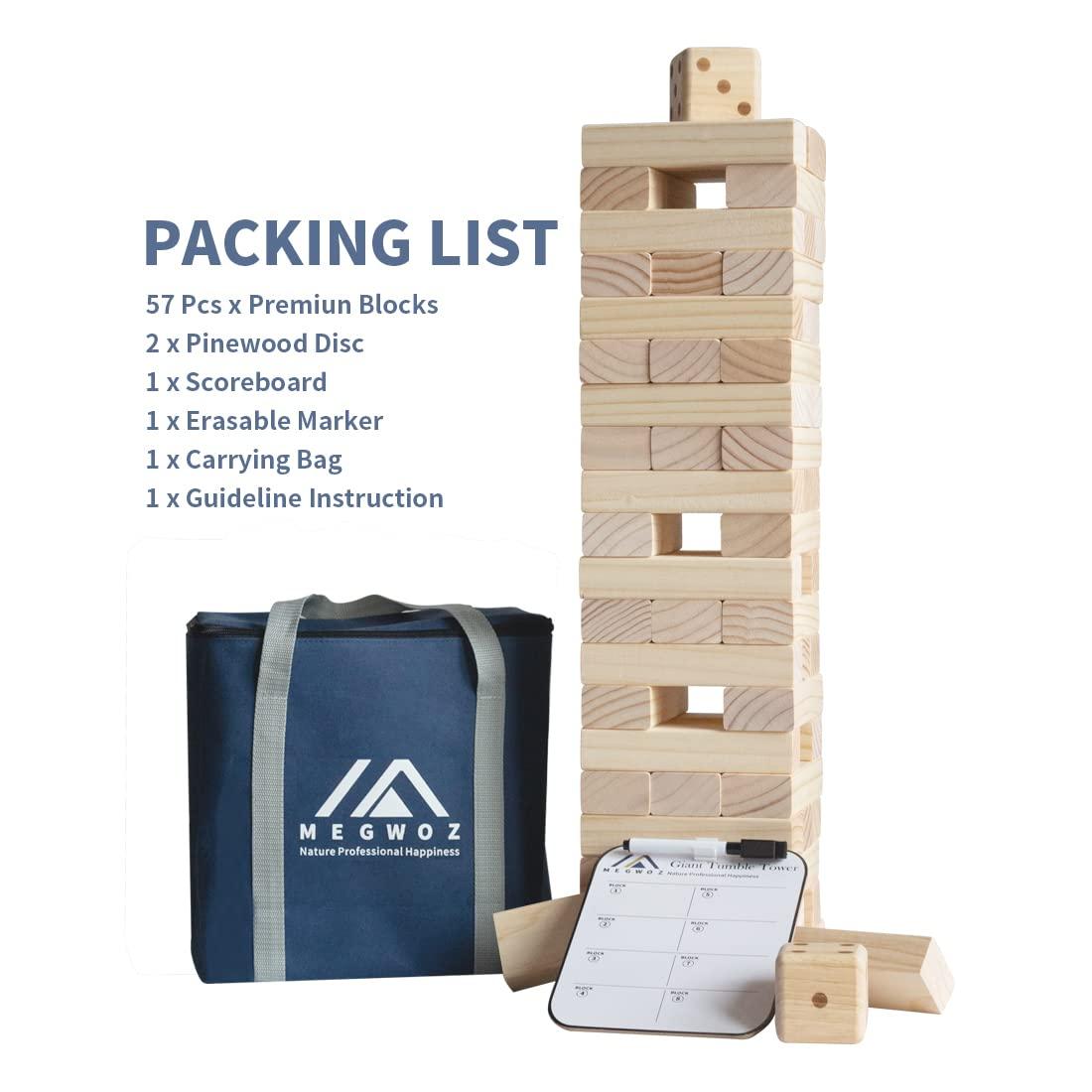 Megwoz Giant Tumble Tower Games for Kids and Adults 57 Blocks New Zealand Pine Wooden Blocks Stacking to Over 4.2FT Family Games for Indoors Outdoors Yard Games for Family - Image 8