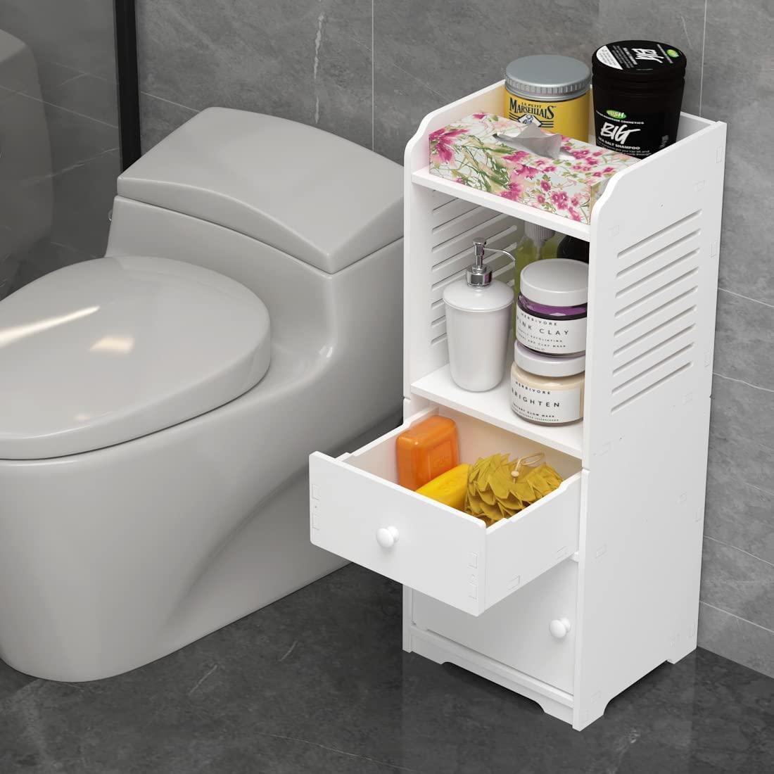 Rerii Bathroom Storage Cabinet, Small Floor Bathroom Organizer Free Standing, Side Toilet Cabinet with Drawer and Door, White - Image 5