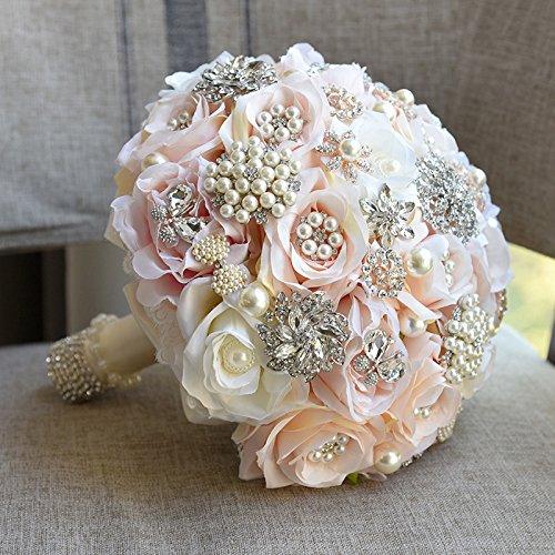 Abbie Home Luxury Brooch Bouquet for Wedding - Crystal Pearls and Rhinestone Jewelry Decorated Rose Flower Bridal Flower in Champagne Blush (Champagne) - Image 2