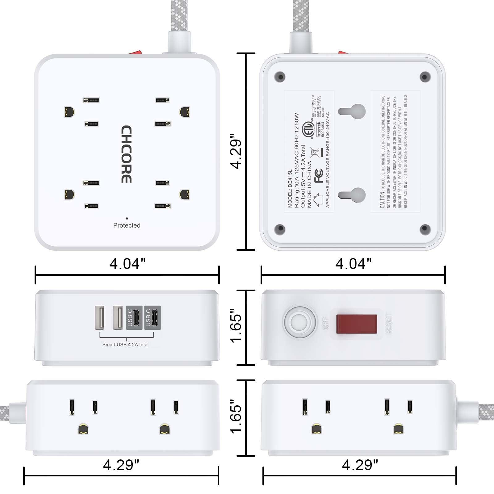 Surge Protector Power Strip - CHCORE 5Ft Braided Extension Cord with 8 Outlets with 4 USB (2 USB C) Charging Ports, Flat Plug Multi Plug Outlet Extender Charging Station for Home Office, ETL, White - Image 7