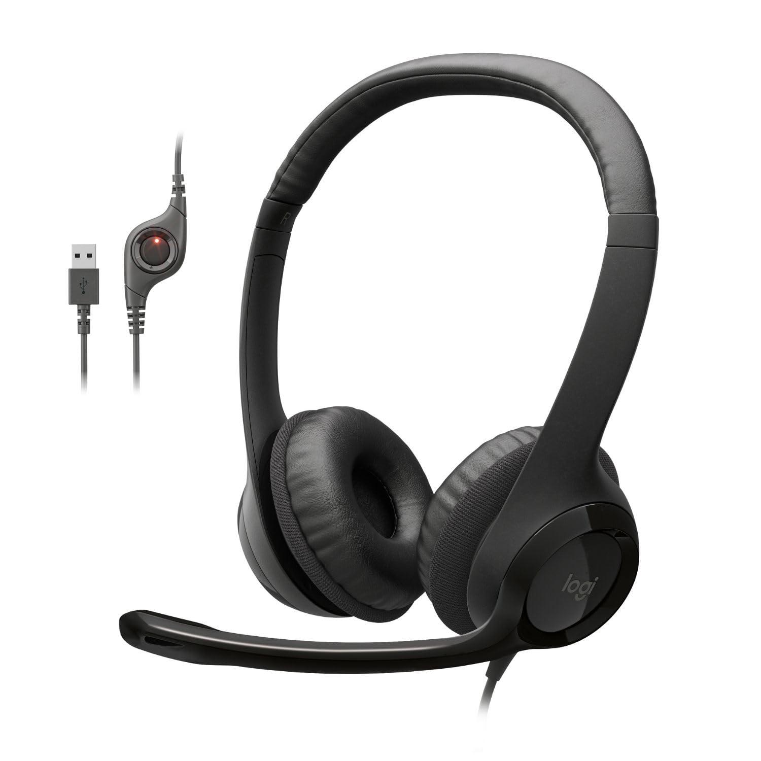 Logitech H390 Wired Headset for PC/Laptop, Stereo Headphones with Noise Cancelling Microphone, USB-A, In-Line Controls, Works with Chromebook