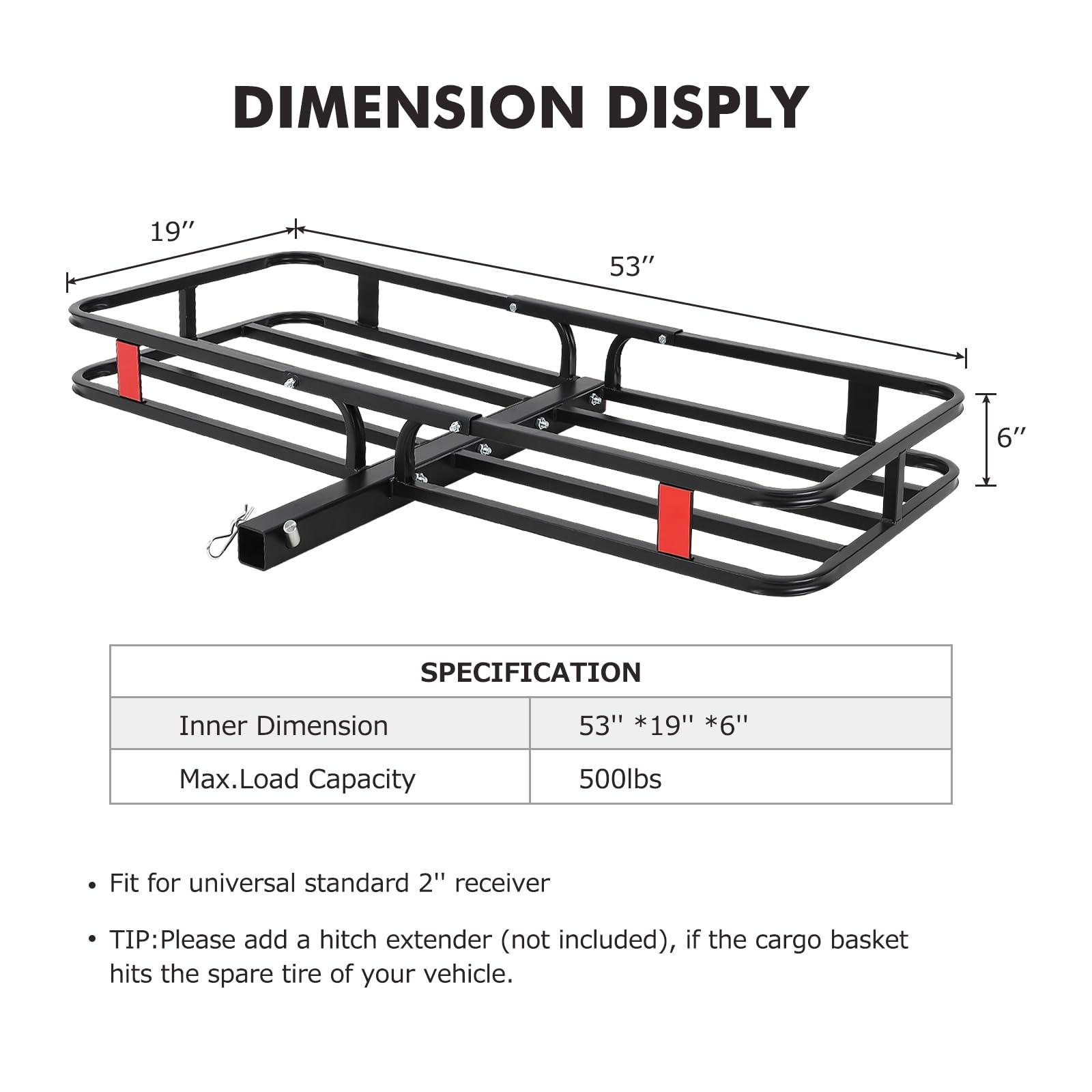 500 Lbs Capacity Hitch Mount Cargo Carrier Basket - Heavy-Duty Cargo Baskets, 53" x 19" x 6" Cargo Rack Rear Luggage Basket for Car and SUV - Image 2