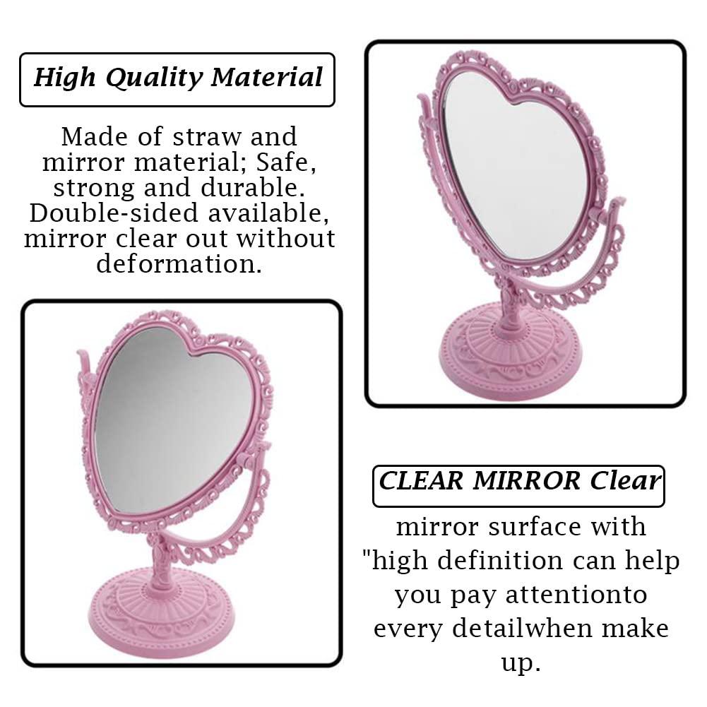 AKOAK 1 Pack Simple and Lovely Heart-Shaped Cosmetic Mirror Plastic Double-Sided Rotatable Dresser Mirror Lightweight Portable Bathroom Bedroom Mirror （Four-Color）(Pink) - Image 7