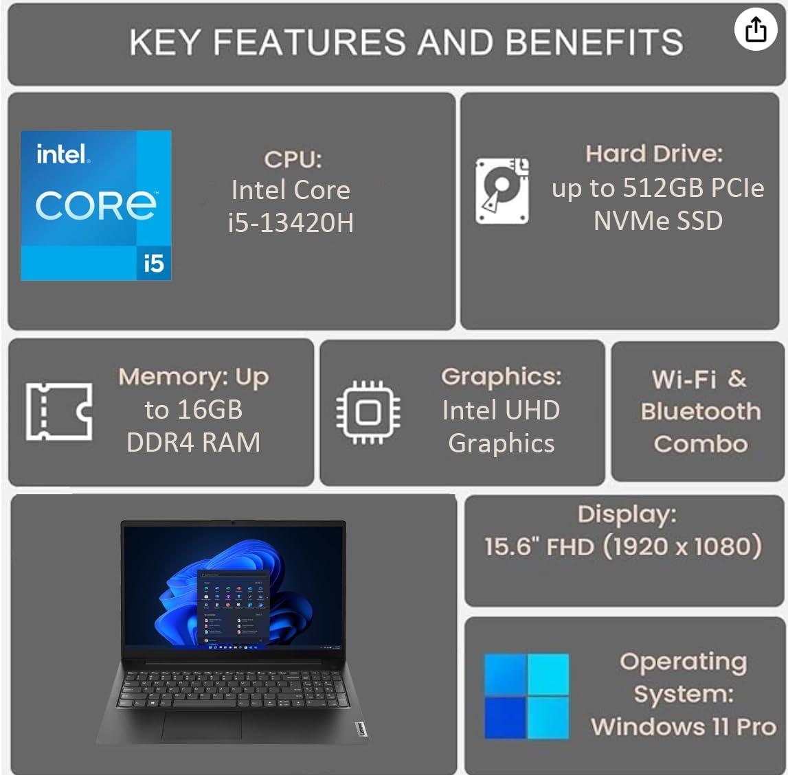 Lenovo V15 Gen 4 (15.6" FHD Anti-Glare, 13th Intel Core i5-13420H (Beat i7-1255U), 16GB RAM, 512GB SSD) for Business, Home, Military Grade, Ethernet, Webcam, IST Hub, Win 11 Pro w/AI Copilot, Black - Image 3