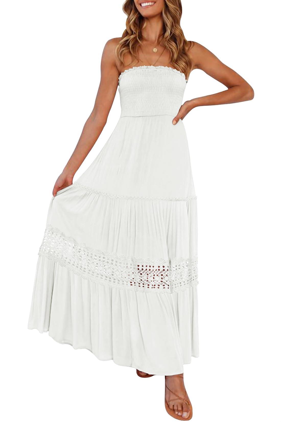 ZESICA Women's 2025 Summer Bohemian Strapless Off Shoulder Lace Trim Backless Flowy A Line Beach Long Maxi Dress