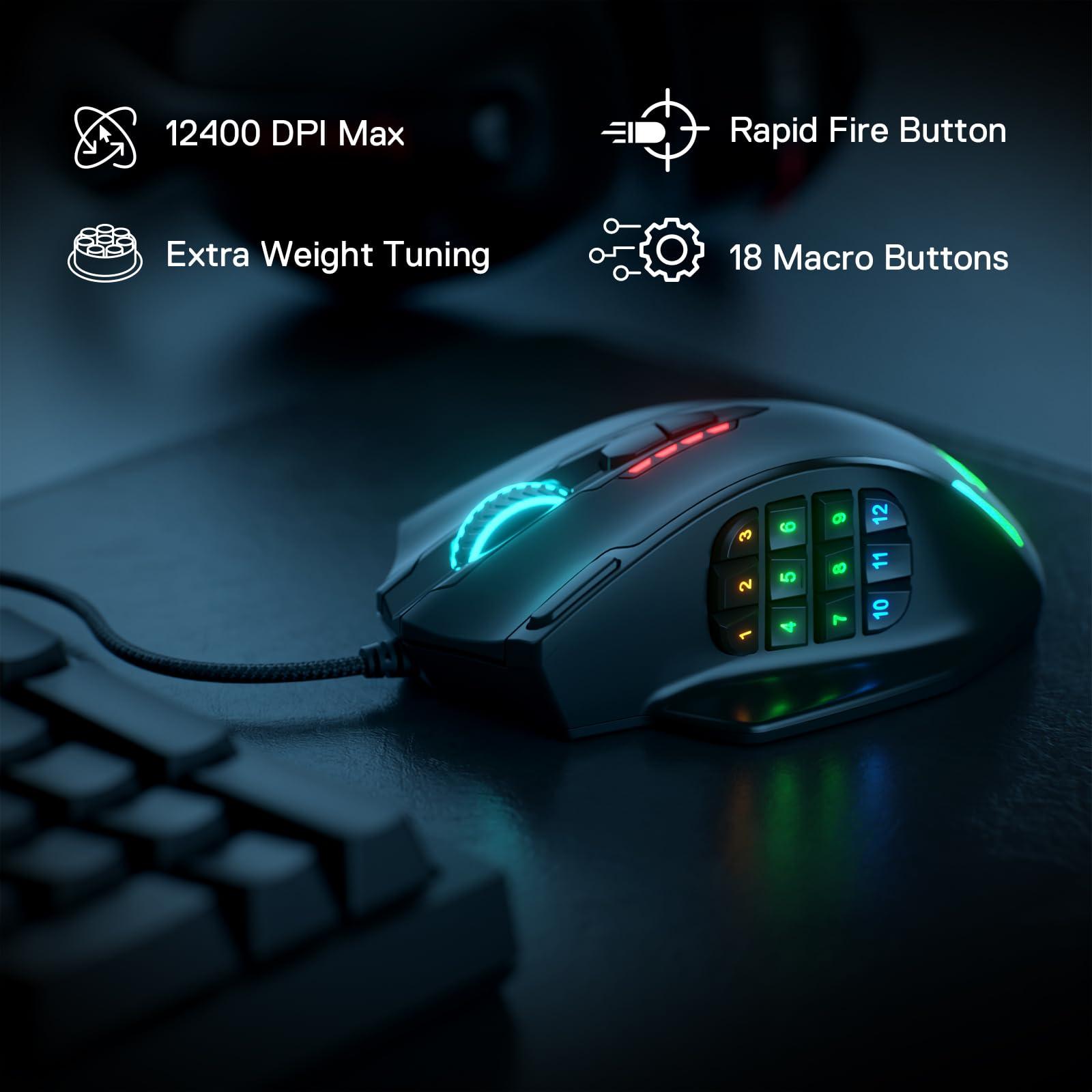 Redragon M908 Impact RGB LED MMO Gaming Mouse with 12 Side Buttons, Optical Wired Ergonomic Mouse with Max 12,400DPI, High Precision, 18 Programmable Macro Shortcuts, Comfort Grip - Image 2