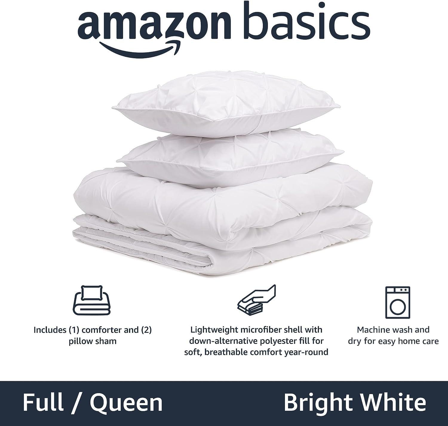 Amazon Basics Soft, Lightweight Queen Size Comforter Sets, All-Season Down-Alternative 3-Piece Bedding Set, Pinch Pleat Design, Full/Queen Size, Bright White - Image 2