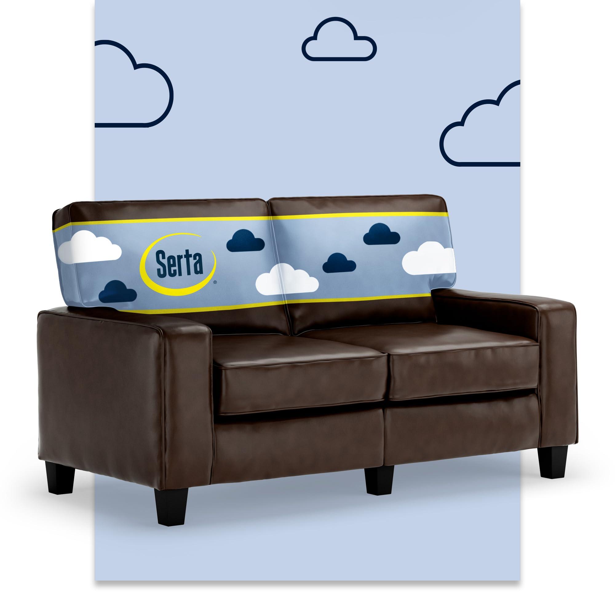 Serta Palisades 61" Track Arm Sofa, Durable Bonded Leather, Soft Pillow Back, Pocket Coil Seat Cushions, Loveseat or Couch for Small Spaces, Living Rooms or Bedrooms, Chestnut Brown