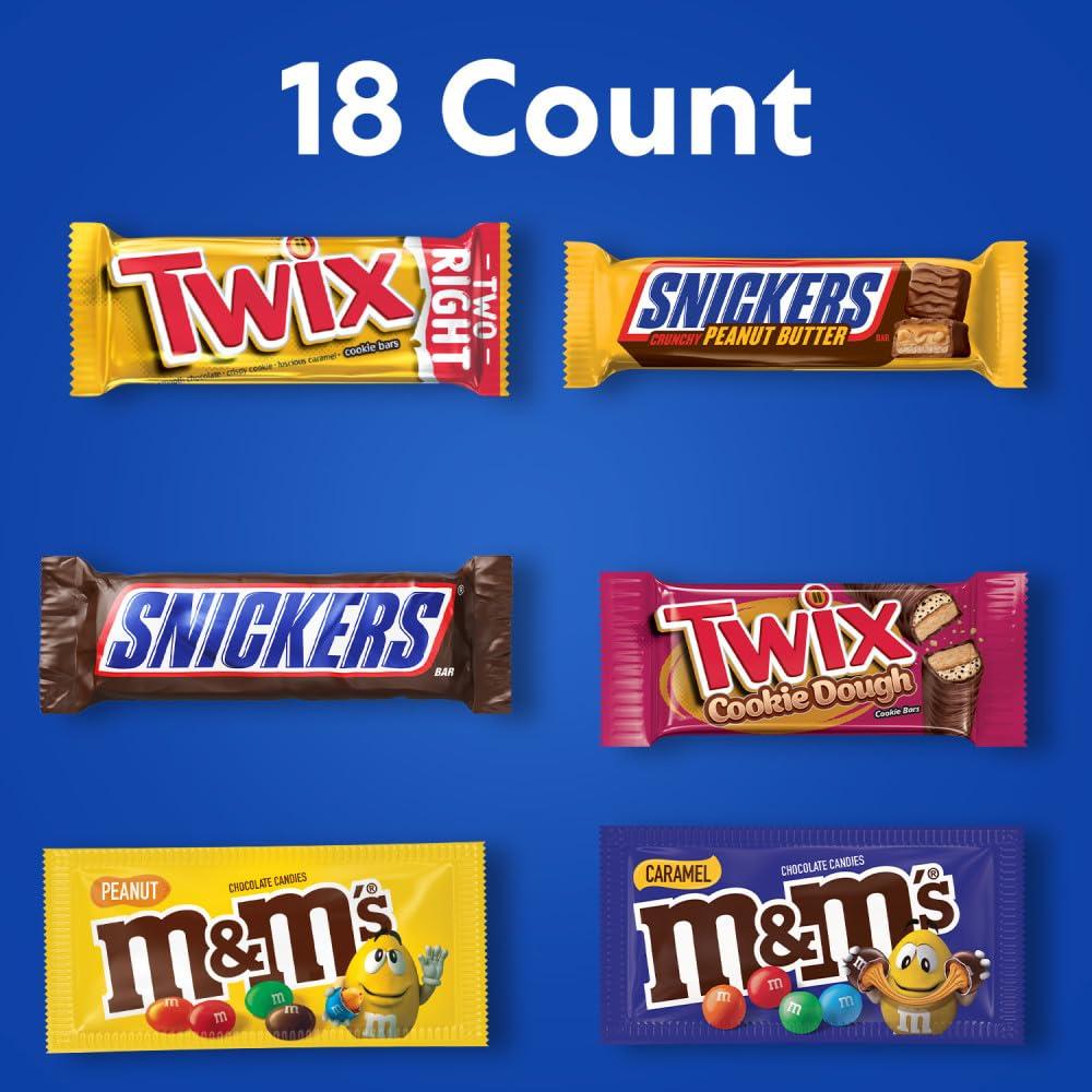 Mars M&M'S Peanut, M&M'S Caramel, SNICKERS Original, SNICKERS Peanut Butter Squared, TWIX Original and TWIX Cookie Dough Variety Pack Full Size Individually Wrapped Milk Chocolate Candy Bars, 18 Ct - Image 3