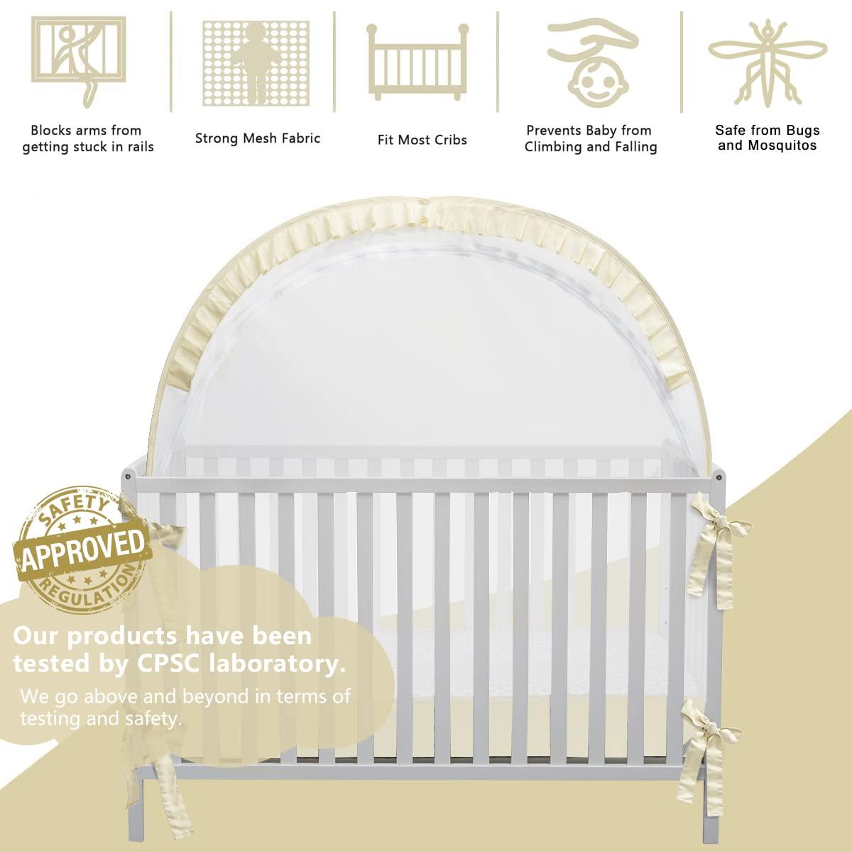 L RUNNZER Baby Safety Crib Tent, Pop Up Canopy for Crib to Stop Baby from Climbing Out, Infant Mesh Cover Mosquito Net with Sturdy Frame & Soft Mesh, Beige, (R07-beige) - Image 4