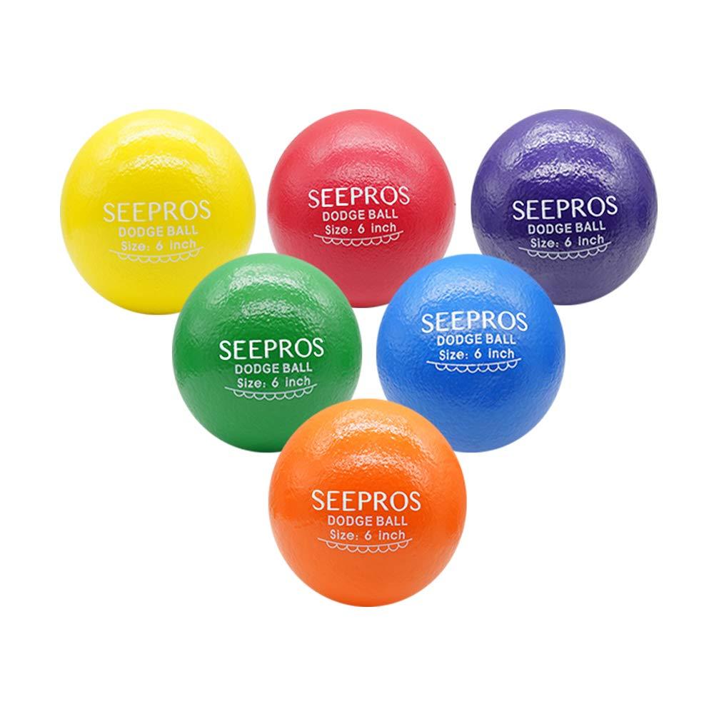 SEEPROS Foam Dodgeball Set - Soft Skin, Low Bounce, Set of 6 with Mesh Storage Bag for Kids and Adults