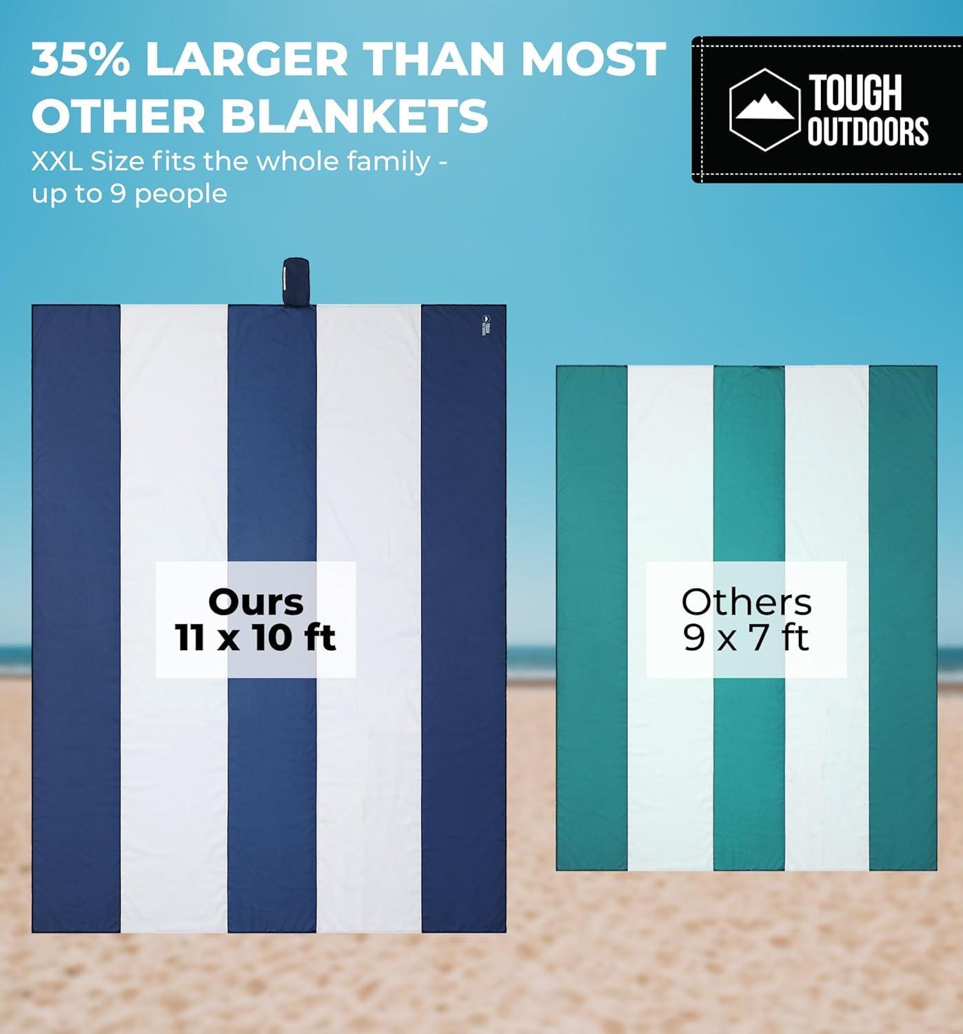 Tough Outdoors Extra Large Beach Blanket Waterproof Sandproof Oversized - 11'x10' Sand Free Beach Mat for 9 Adults - Hiking, Outdoor & Beach - Navy Blue & White - Image 2