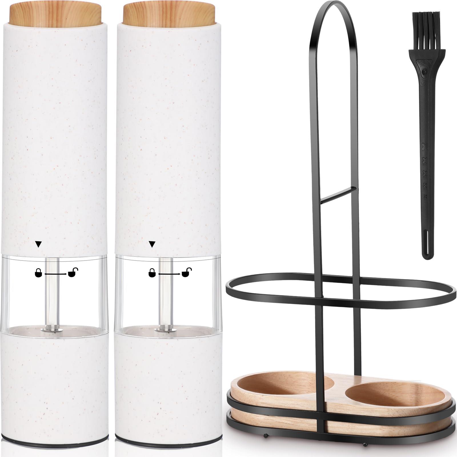 Threlaco Electric Salt and Pepper Grinder Set with 1 Portable Spill Proof Base 2 Packs Battery Operated Salt Pepper shakers with Adjustable Coarseness Light Wheat Straw Grinder for Kitchen(White)