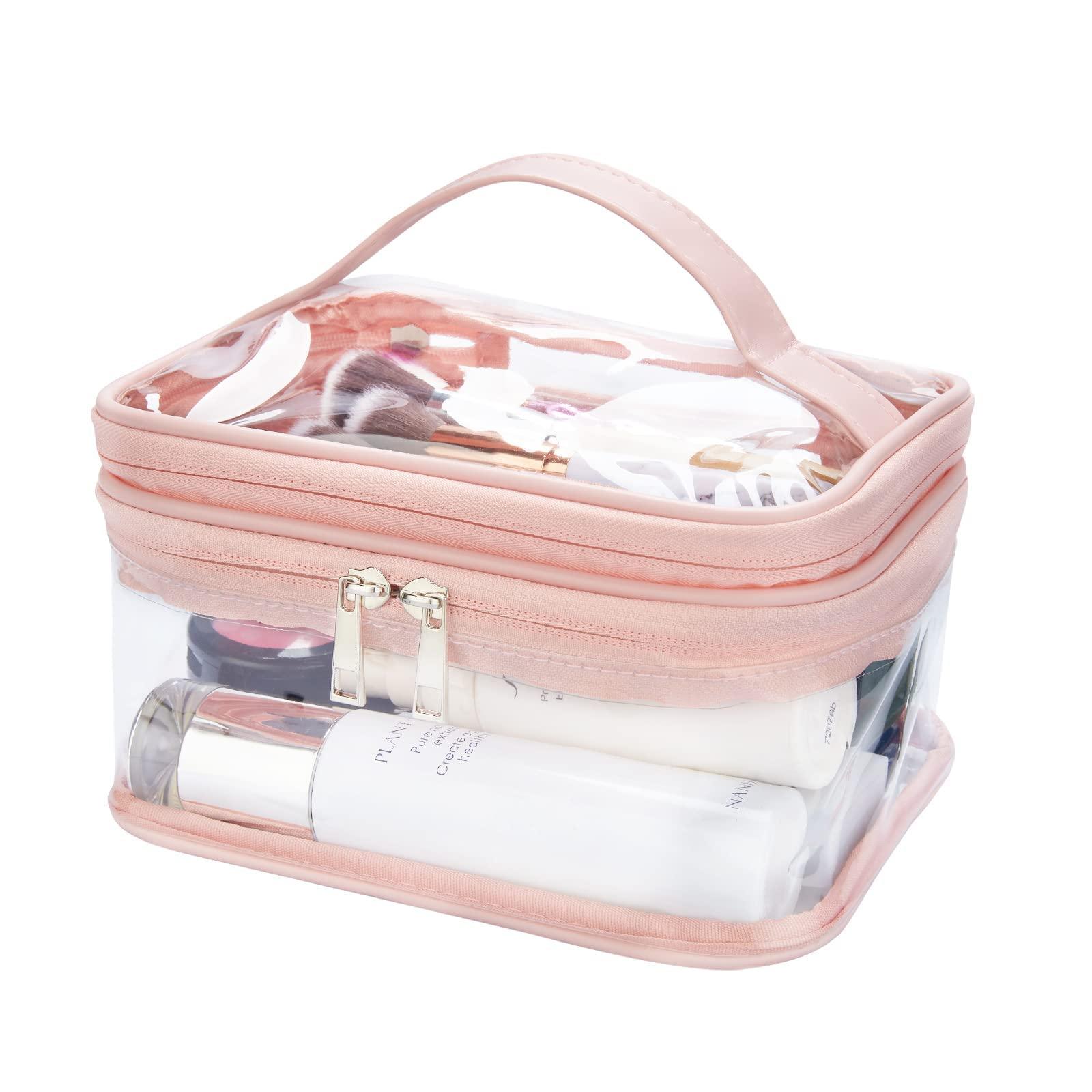 HAOGUAGUA Double Layer Clear Cosmetic Bag Makeup Bag, Waterproof Travel Toiletry Bag, Transparent PVC Hair & Nail Accessories Pouch Beach Bag Organizer (Pink) - Image 4