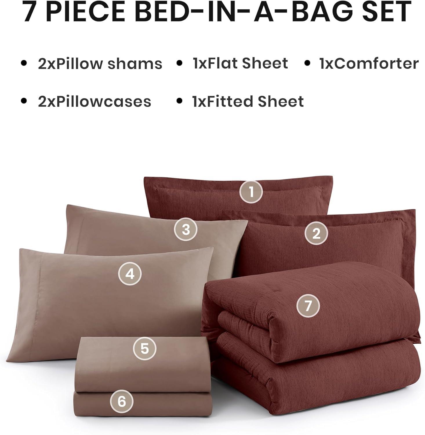 Monbix California King Comforter Set - 7 Pieces Cationic Dyeing Dark Red Bed in a Bag Cal King Bedding Sets with Comforter, Sheets, Pillowcases & Shams, Reversible Bedding Comforters Sets (108 * 92) - Image 6