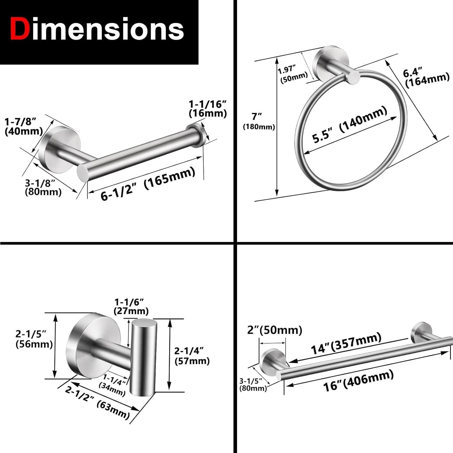 5 Pieces Brushed Nickel Bathroom Hardware Set Include 16inch Towel Bar,2pcsTowel Hooks,Toilet Paper Holder,Hand Towel Ring Round SUS304 Stainless Steel Bathroom Accessories Set Heavy Duty Wall Mounted - Image 2