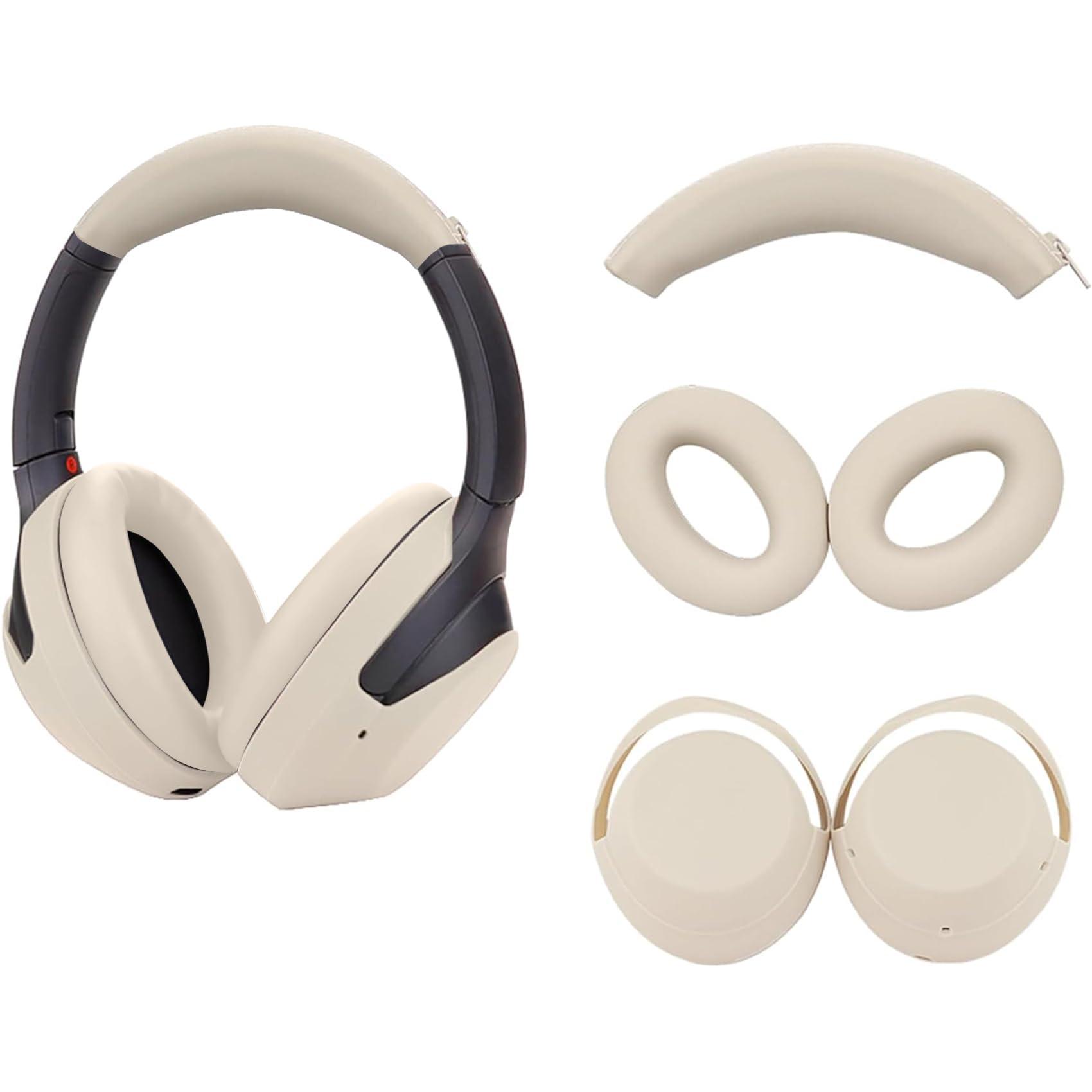 Adhiper 3Sets Silicone Sweat Case Cover for Sony WH-1000XM4 WH-1000XM3 Headphones, Silicone XM4 Earpad Cover/Ear Covers/Headband Cover Protector, Sweat Proof Soft Headphone Accessories (Off White)