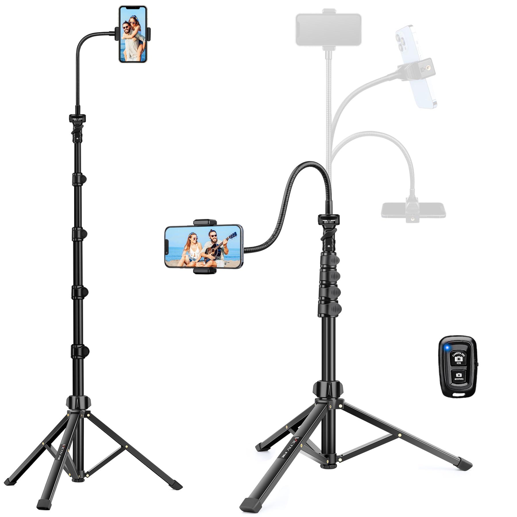 Phone Tripod Stand, 85" Tall Cellphone Tripod for iPhone with Gooseneck Remote, Flexible Portable Phone Stand for Recording, Compatible with iPhone 14 13 12 pro Android Camera