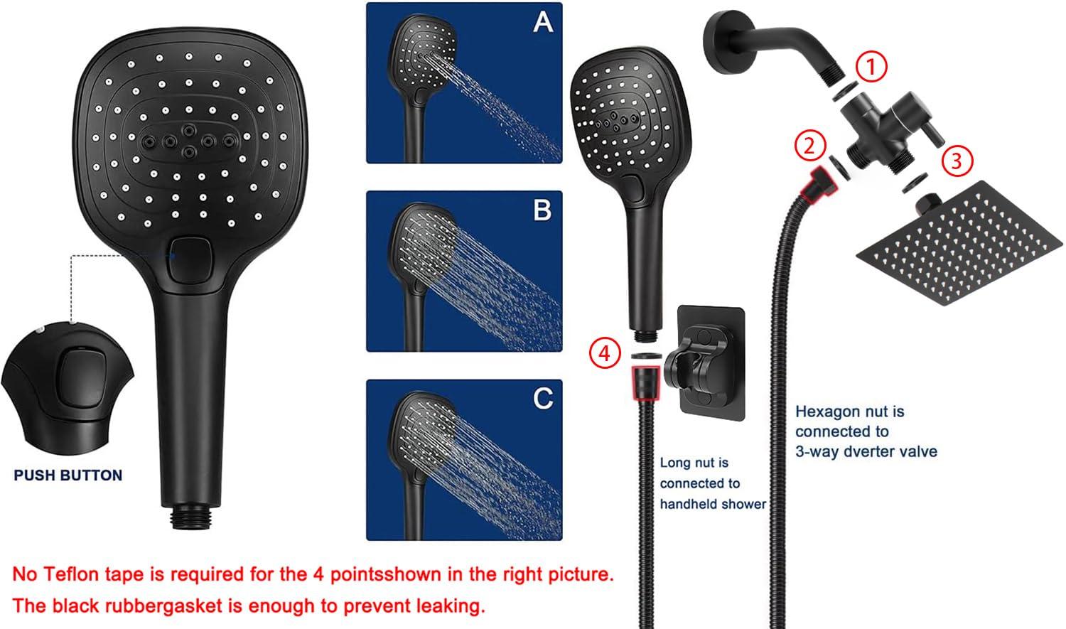 NearMoon Shower Head with Hose, High Pressure Stainless Steel Rain Shower and 3 Settings Handheld Spray Combo with Push Button Flow Control (8 Inch Showerhead Set, Matte Black) - Image 3