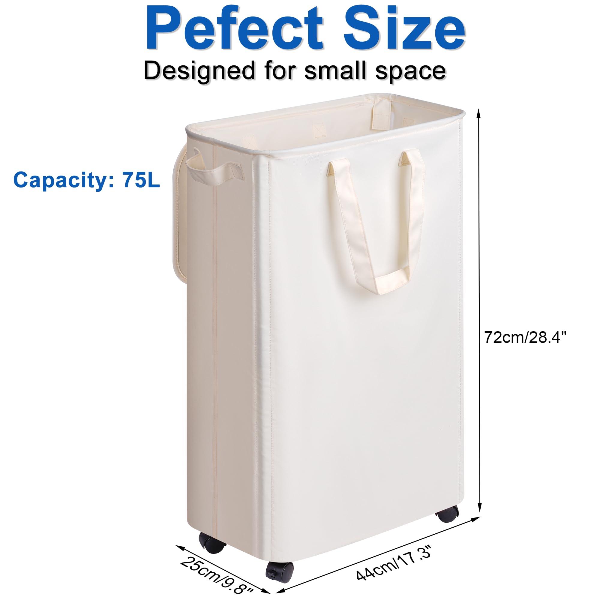 Vincona Slim Laundry Hamper with Lid and Wheels, Small Rolling Laundry Basket with Handle for Small Spaces, Tall Dirty Clothes Hampers for Dorm, Bathroom and Bedroom, 75L, Beige - Image 3