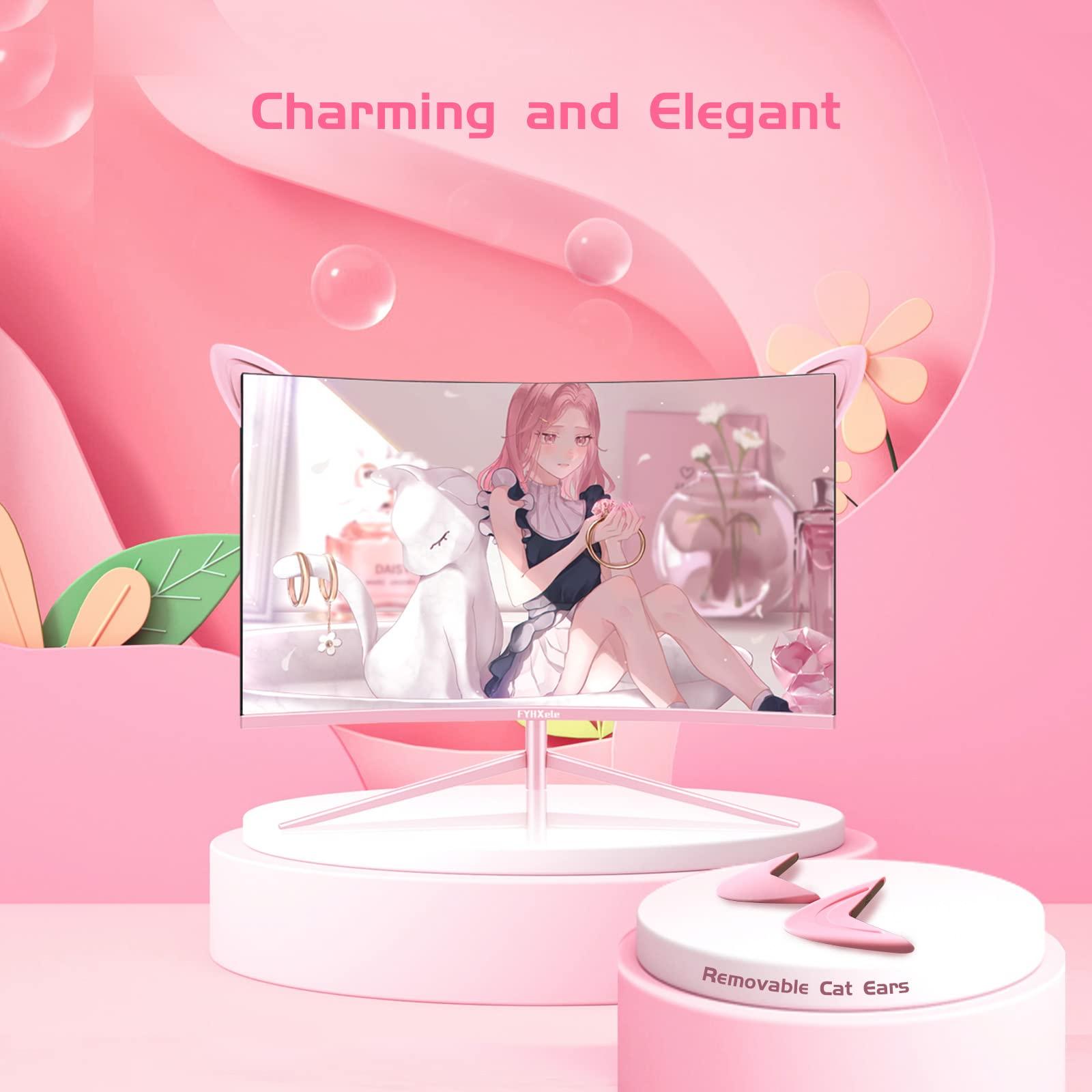 FYHXele FY27QHP Pink Monitor 27 Inch Curved Gaming 165Hz - Support 144Hz 1800R 1ms QHD 2560 x 1440P VA Screen, Built-in Speakers, AMD Free-Sync, HDMI, DP, USB, AUX, Tilt Adjustable - Image 2