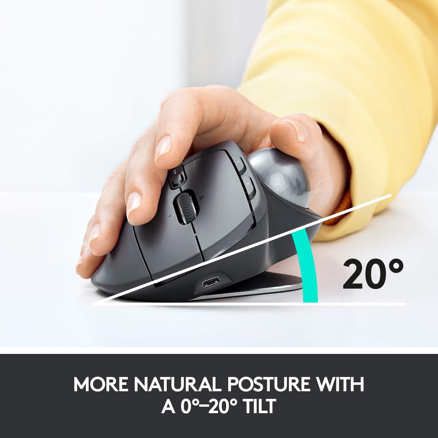 Logitech MX Ergo Wireless Trackball Mouse, Ergonomic Design, Move Content Between 2 Windows and Apple Mac Computers (Bluetooth or USB), Rechargeable - Image 2