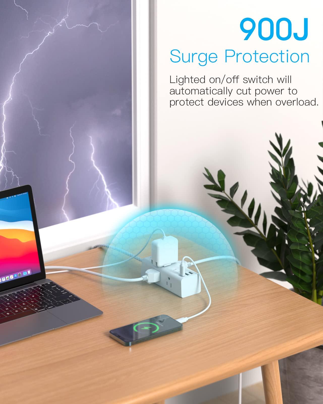 10 Ft Power Strip Surge Protector - One Beat 6 Widely Outlets with 3 USB Ports(1 USB C), 3 Sided Outlet Extender, Flat Plug Extension Cord, Wall Mount Power Strip for Home Office Travel College Dorm - Image 5