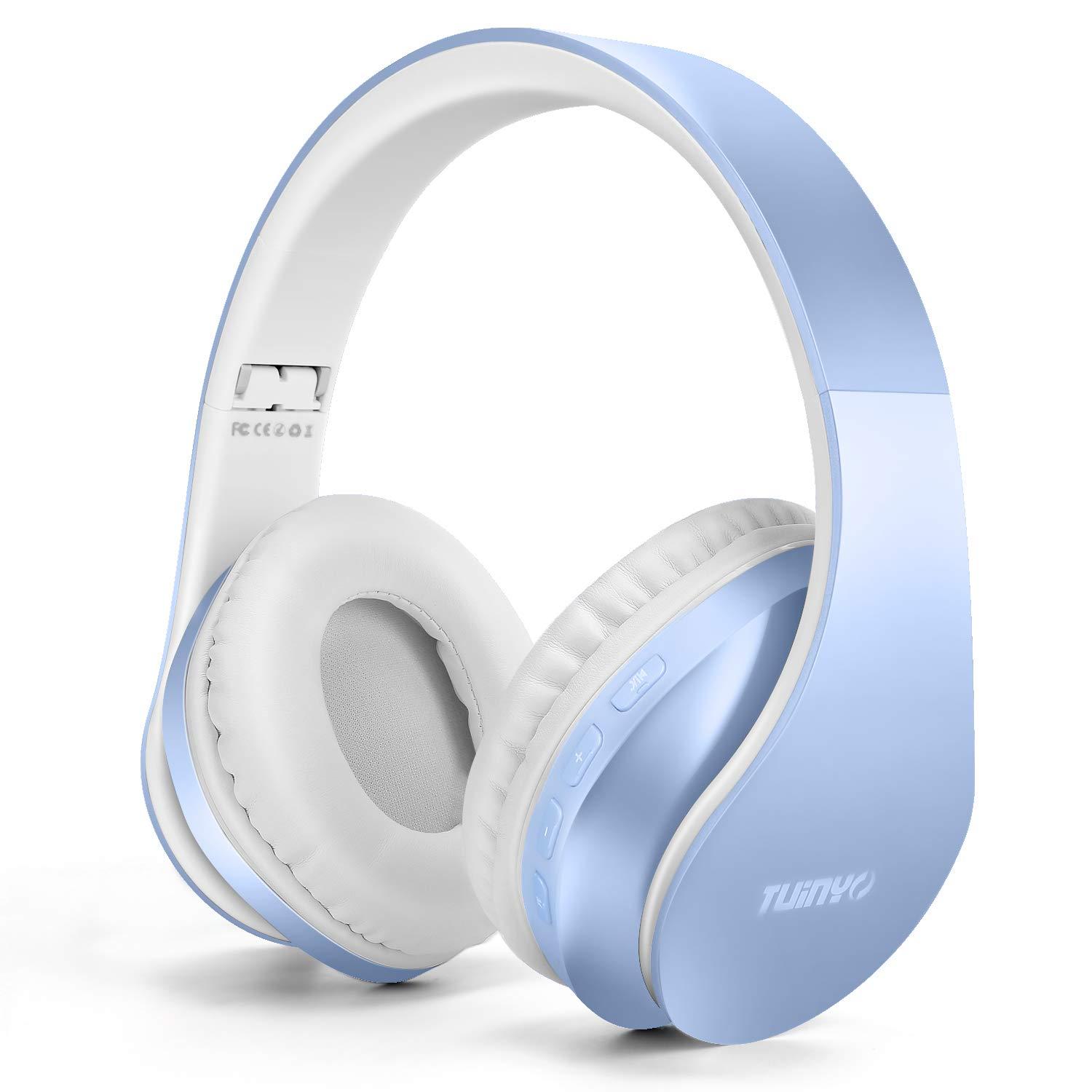 TUINYO Wireless Headphones Over Ear, Bluetooth Headphones with Microphone, Foldable Stereo Wireless Headsetfor Travel Work TV PC Cellphone-Light Blue