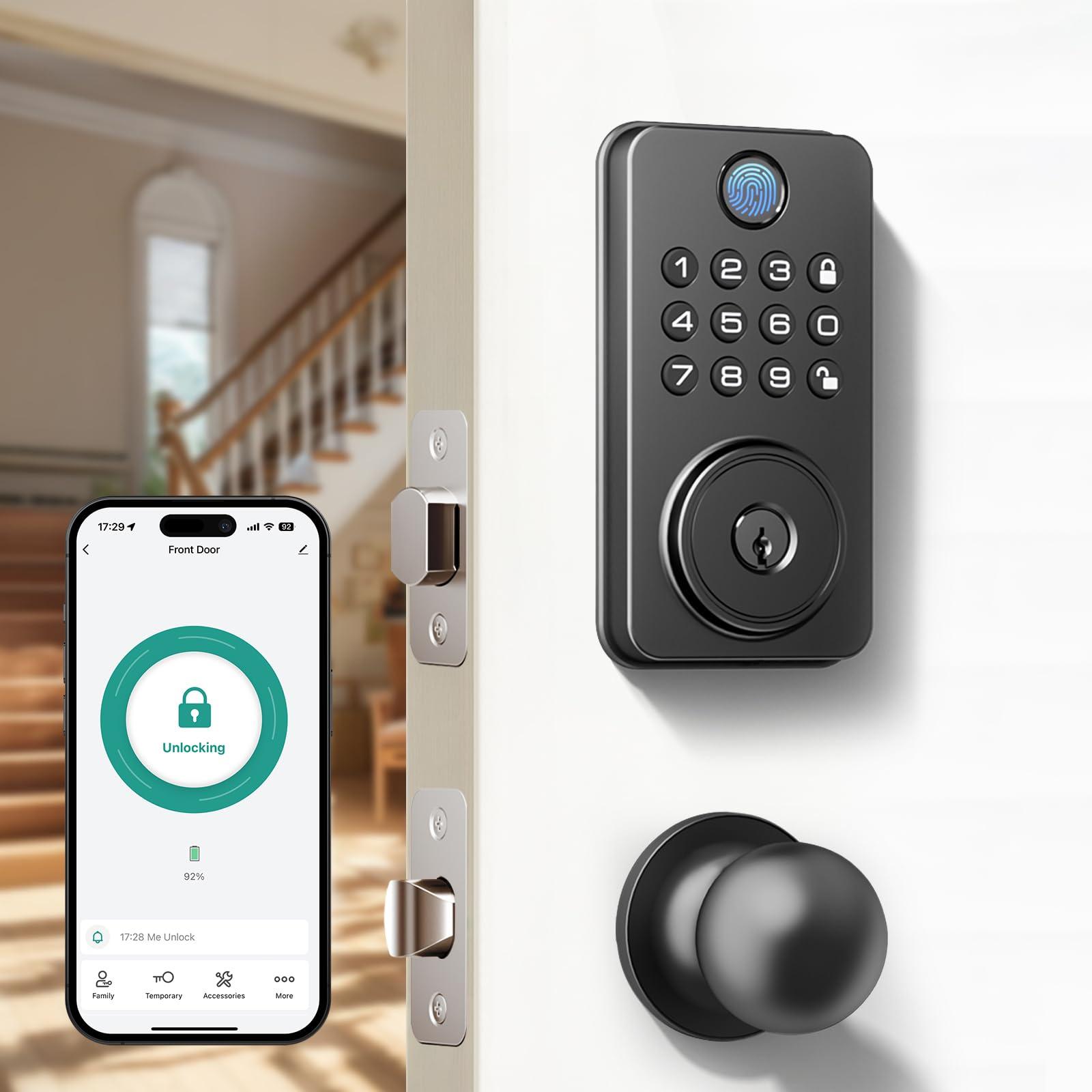 NBBX Fingerprint Door Lock with Knobs, Keyless Entry Deadbolt with Auto Lock, Keypad and App Support for Front Door and Bedroom, Easy to Install – N201